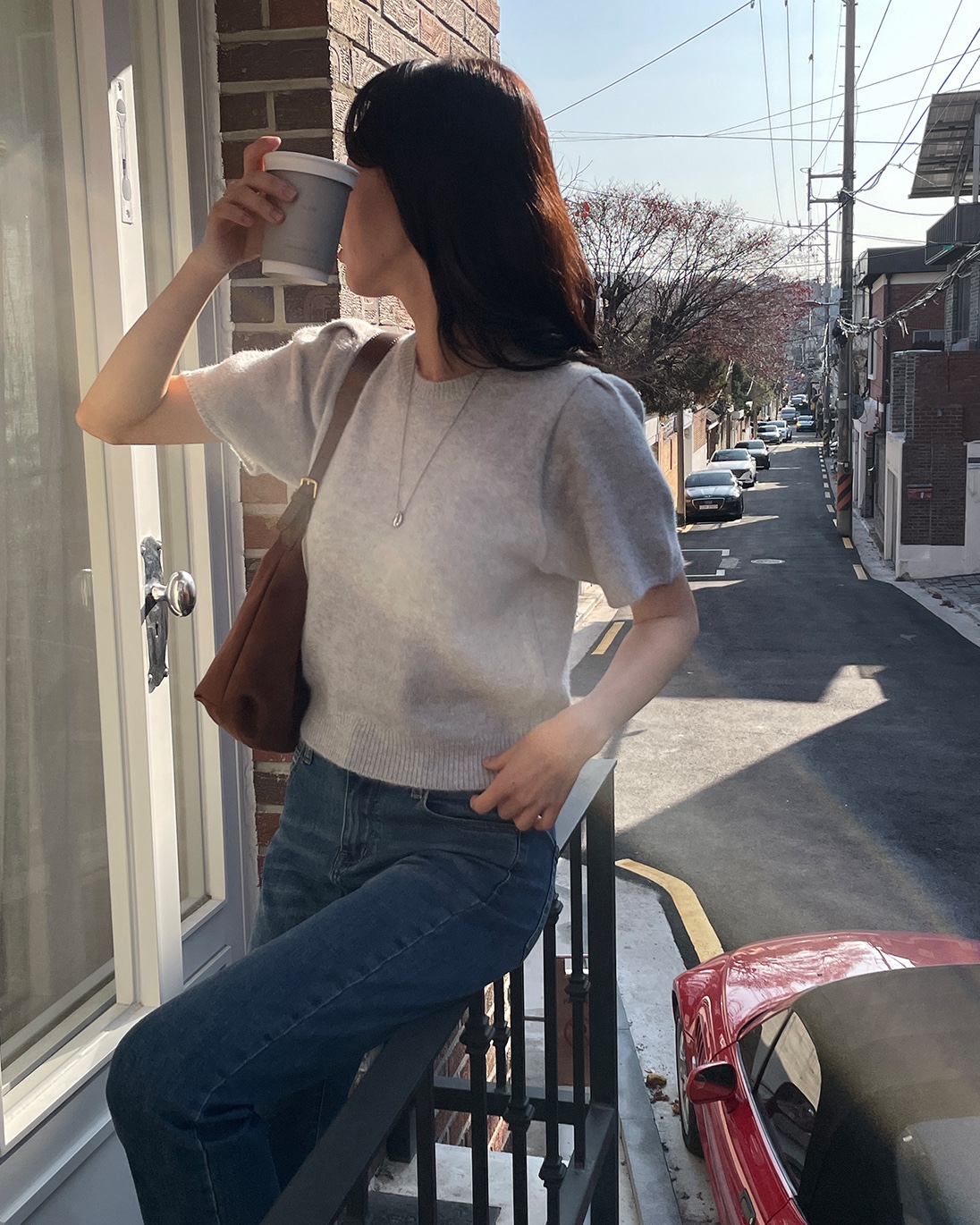 ラウンドネックパフスリーブ半袖無地カラーニット | 詳細画像3