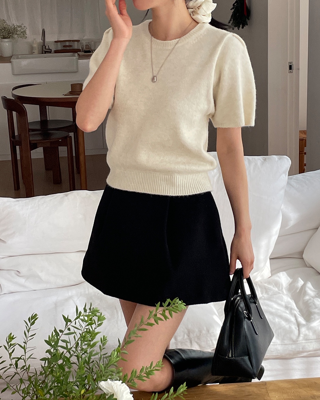 ラウンドネックパフスリーブ半袖無地カラーニット | 詳細画像6