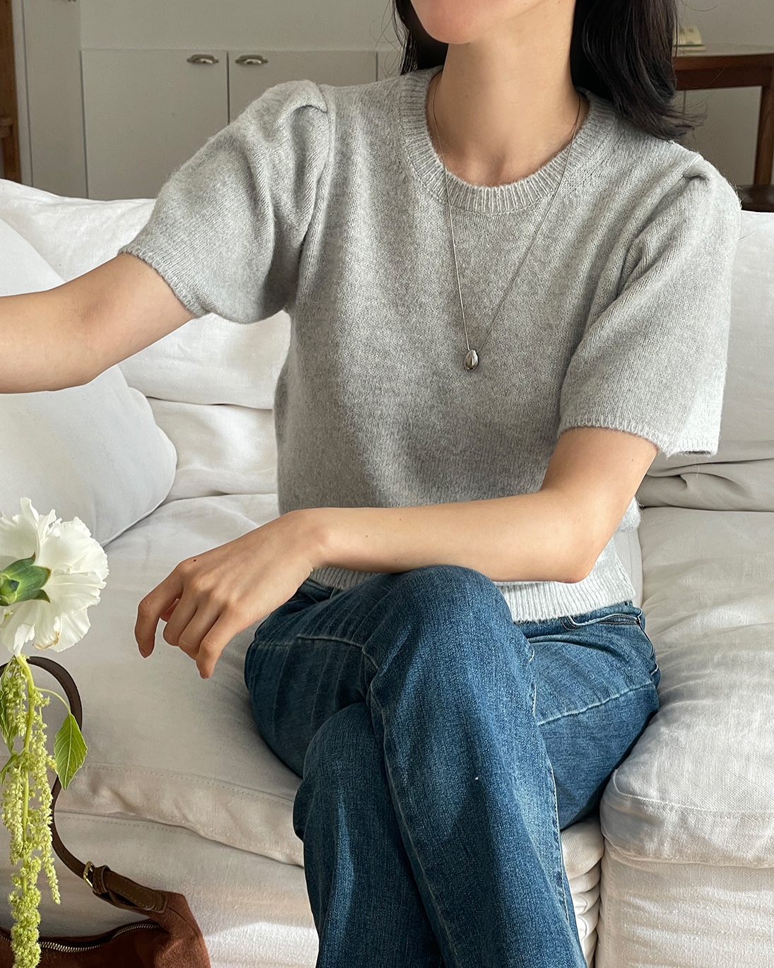 ラウンドネックパフスリーブ半袖無地カラーニット | 詳細画像9