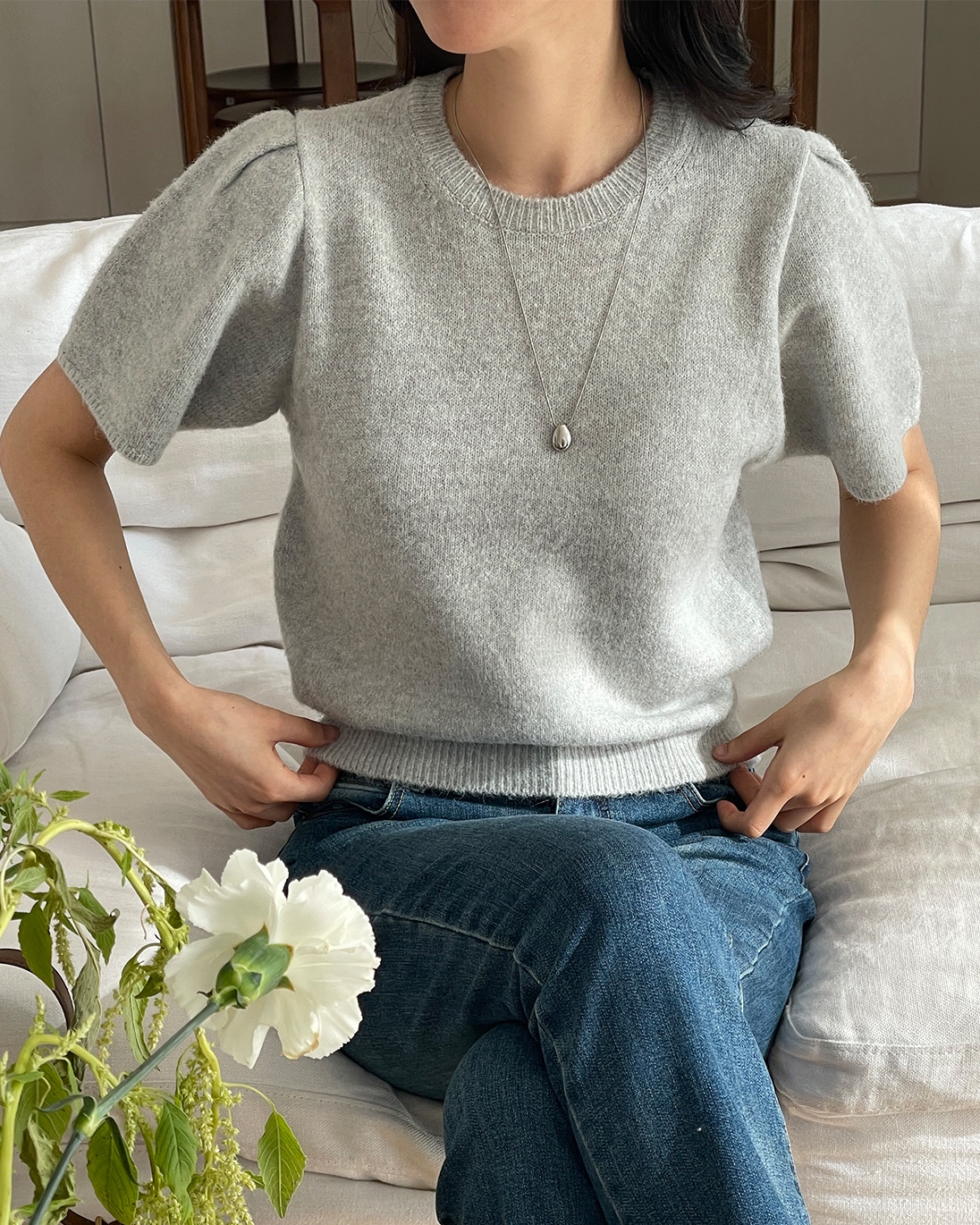 ラウンドネックパフスリーブ半袖無地カラーニット | 詳細画像10