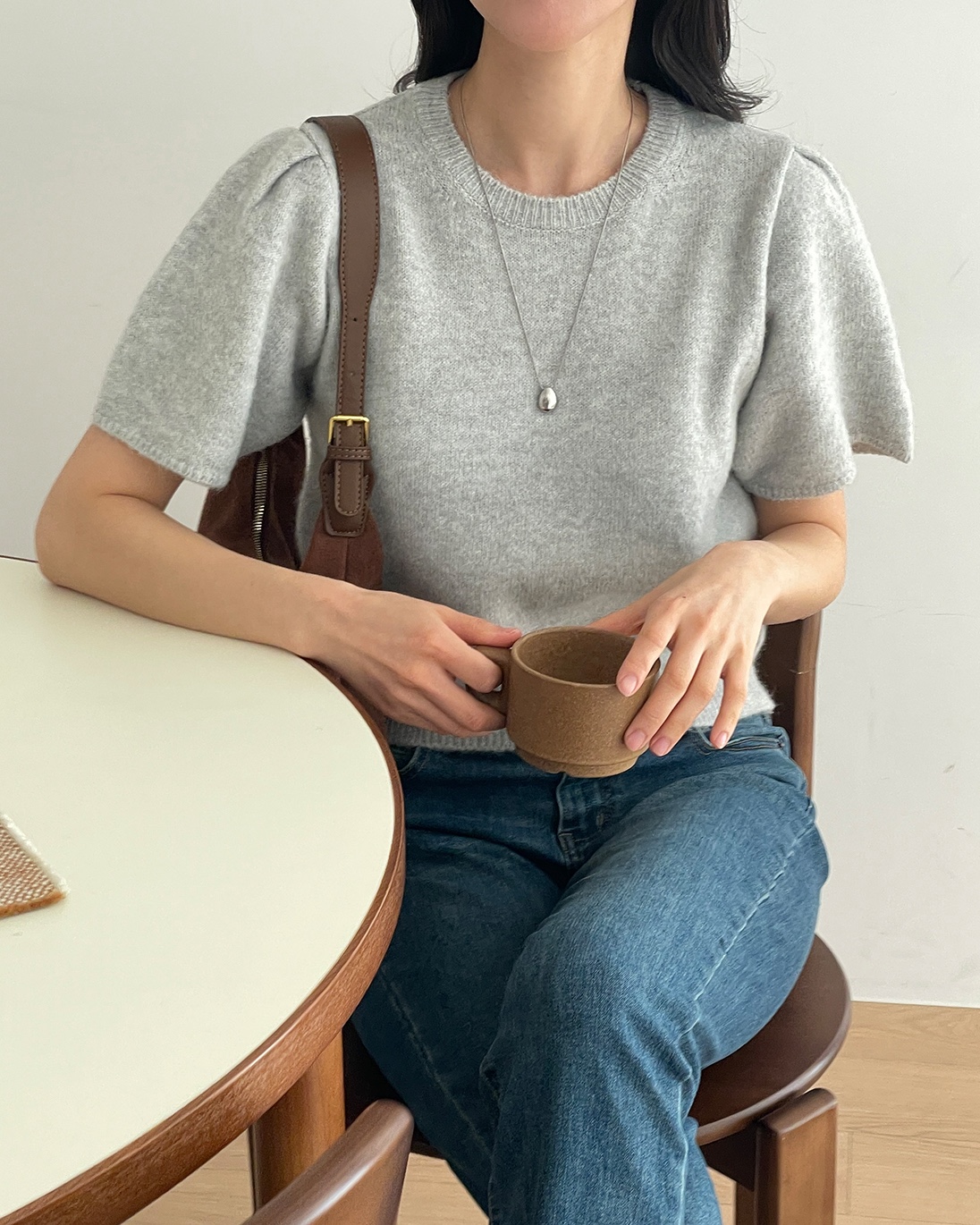 ラウンドネックパフスリーブ半袖無地カラーニット | 詳細画像11