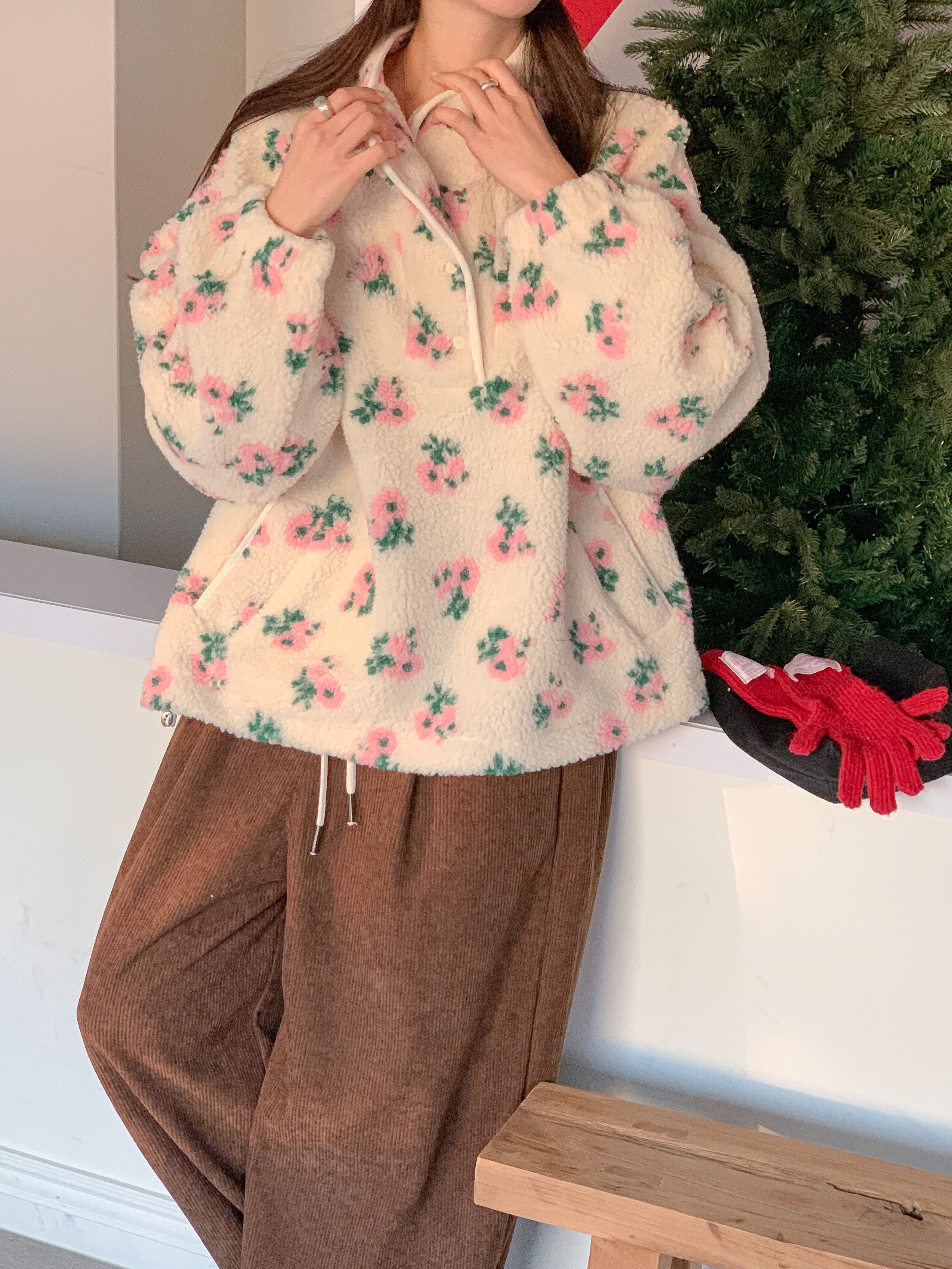 フリースカラードローコードスナップボタンカンガルーポケット花柄カラースウェット | 詳細画像2