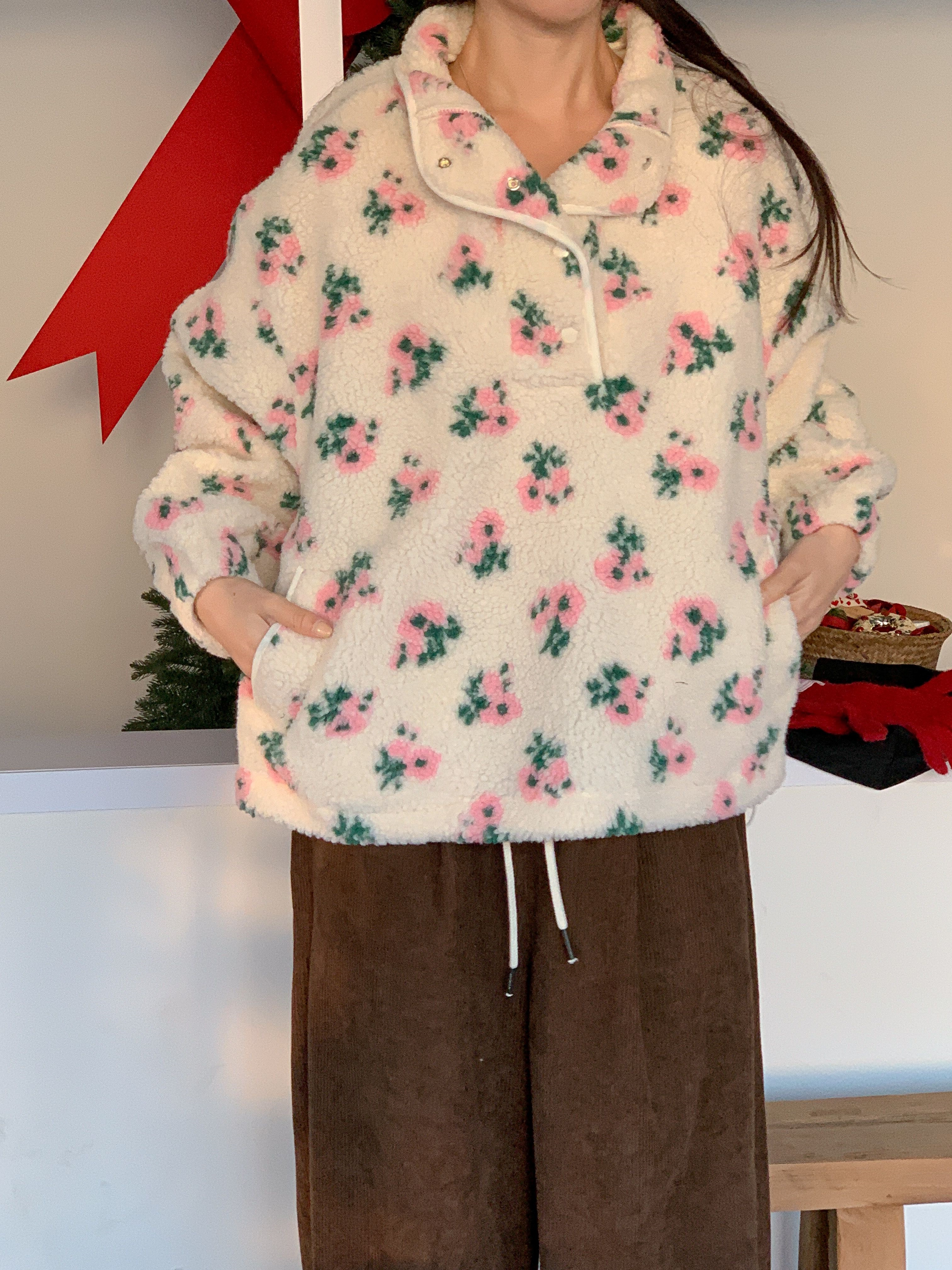 フリースカラードローコードスナップボタンカンガルーポケット花柄カラースウェット | 詳細画像3