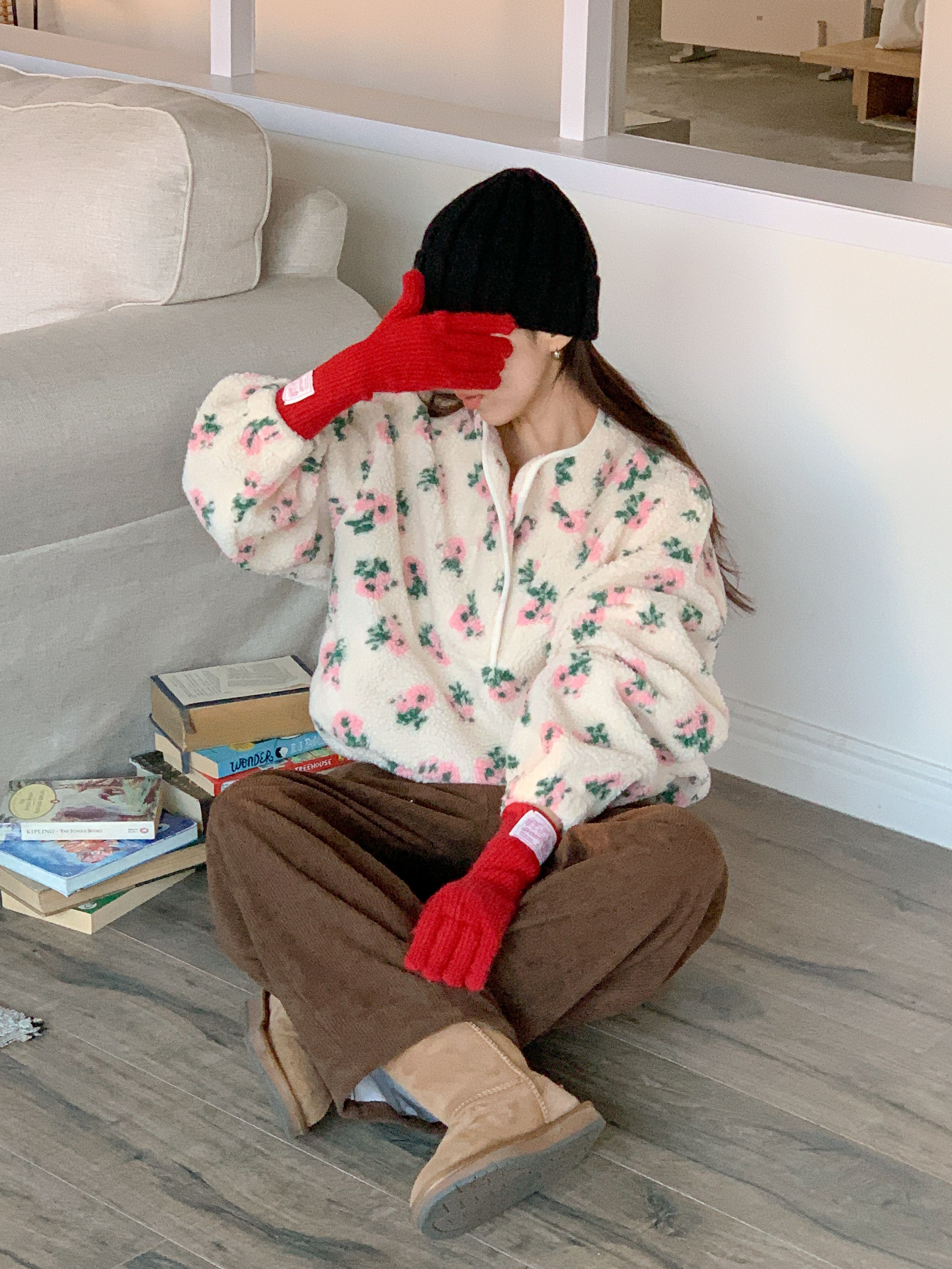 フリースカラードローコードスナップボタンカンガルーポケット花柄カラースウェット | 詳細画像4