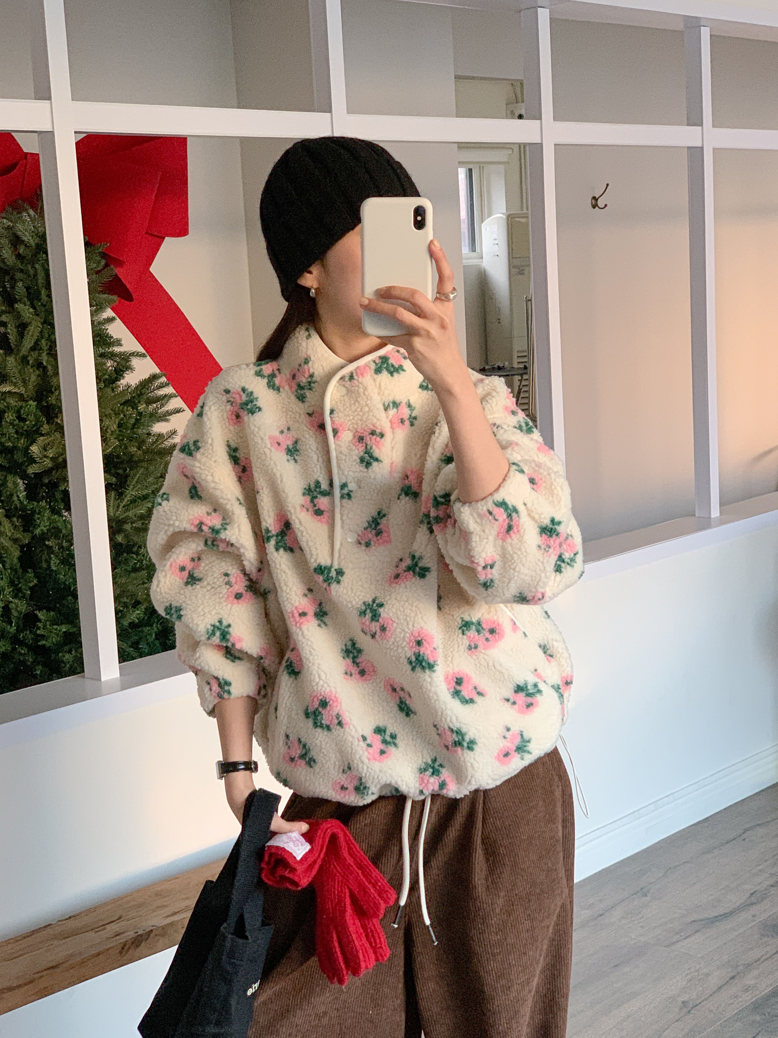 フリースカラードローコードスナップボタンカンガルーポケット花柄カラースウェット | 詳細画像5