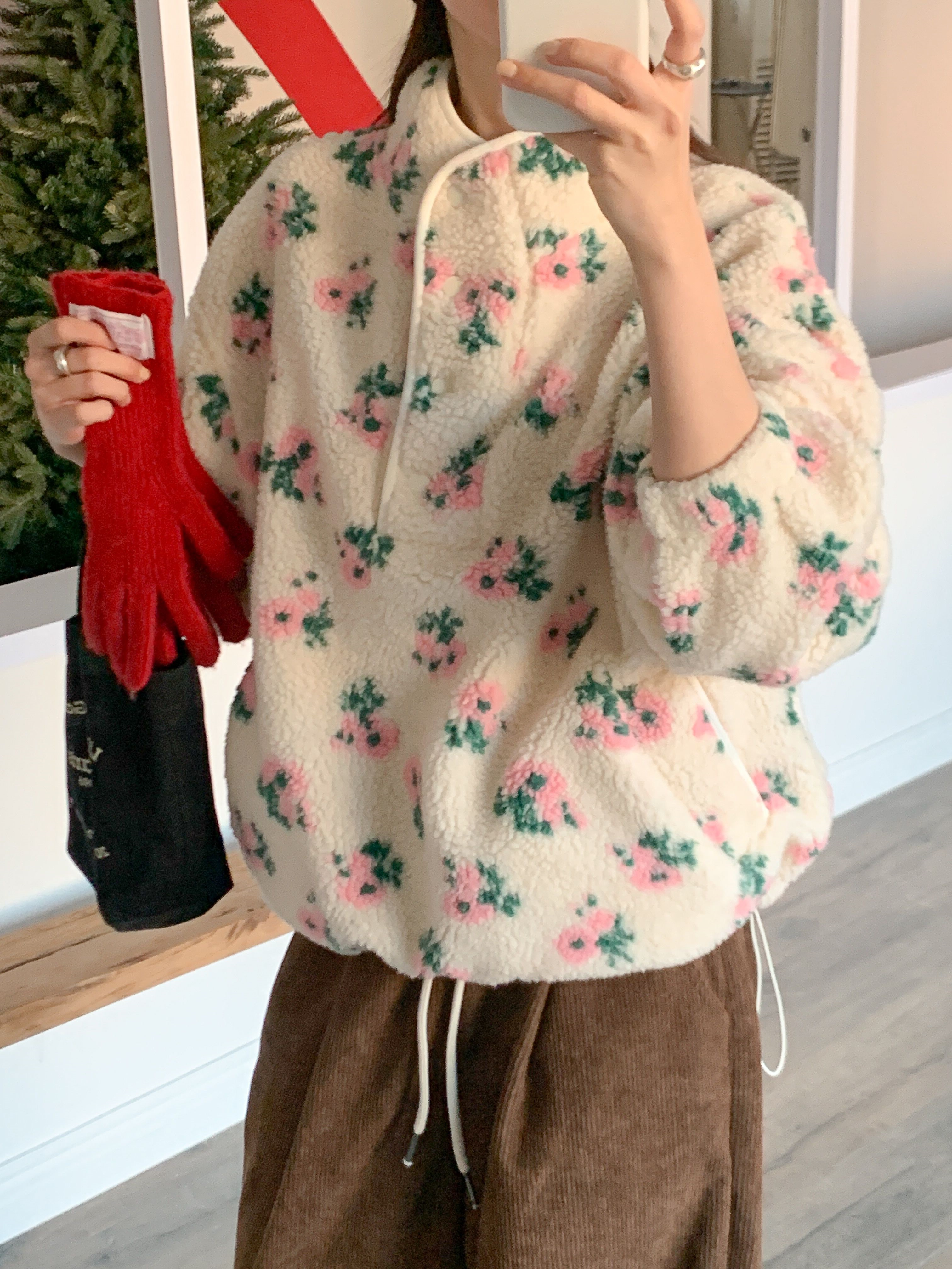 フリースカラードローコードスナップボタンカンガルーポケット花柄カラースウェット | 詳細画像6