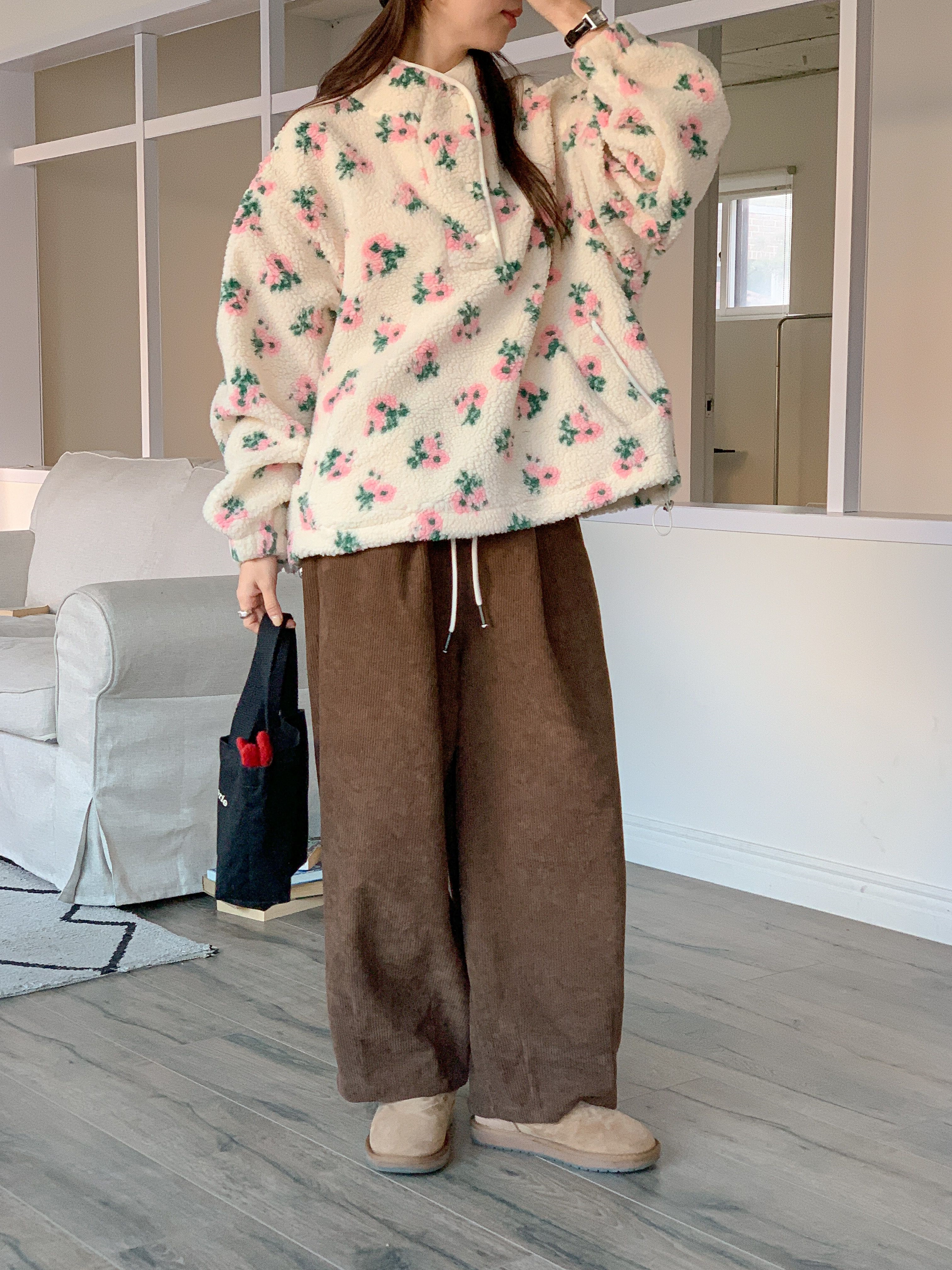 フリースカラードローコードスナップボタンカンガルーポケット花柄カラースウェット | 詳細画像7