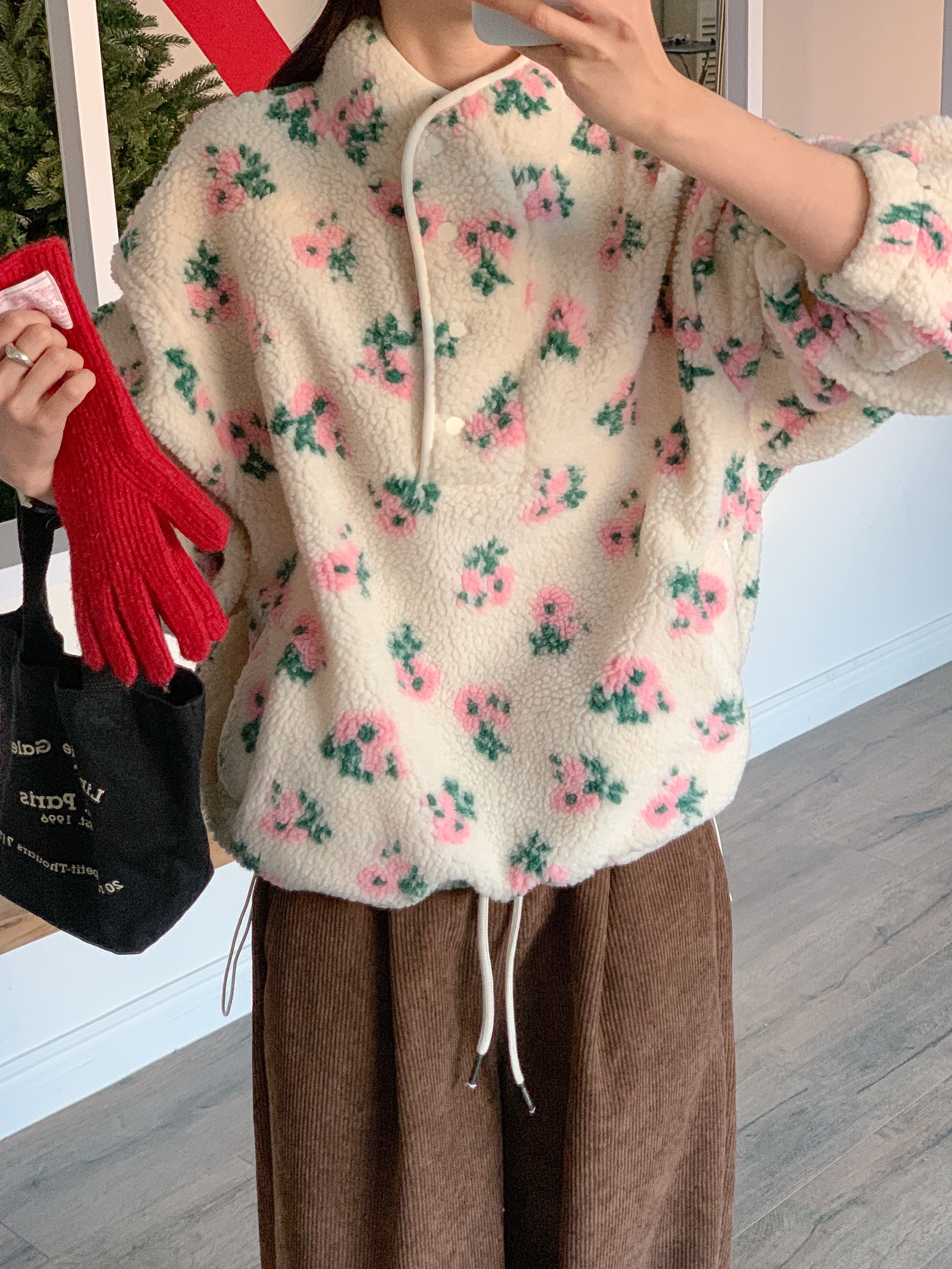 フリースカラードローコードスナップボタンカンガルーポケット花柄カラースウェット | 詳細画像8