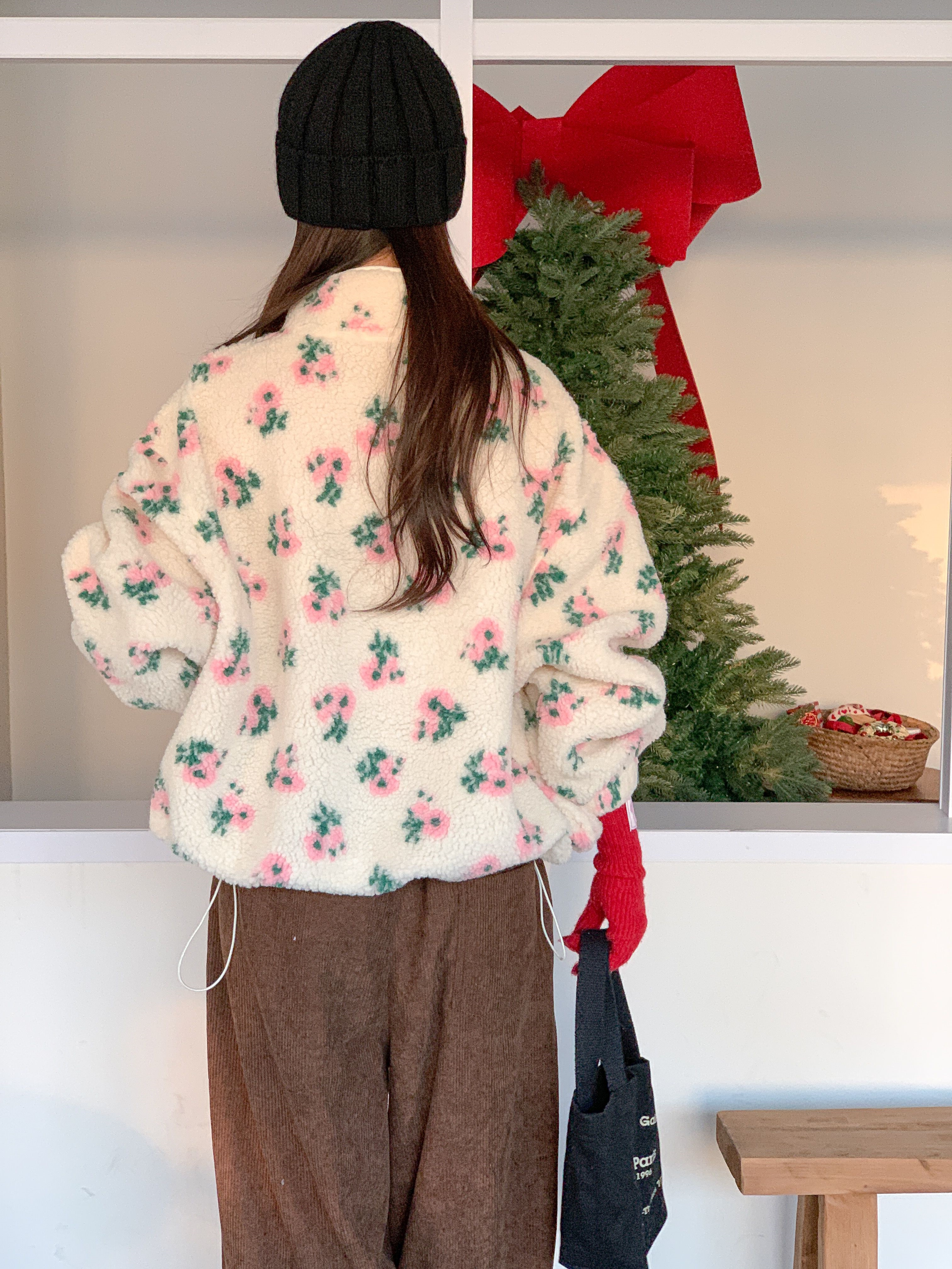 フリースカラードローコードスナップボタンカンガルーポケット花柄カラースウェット | 詳細画像9