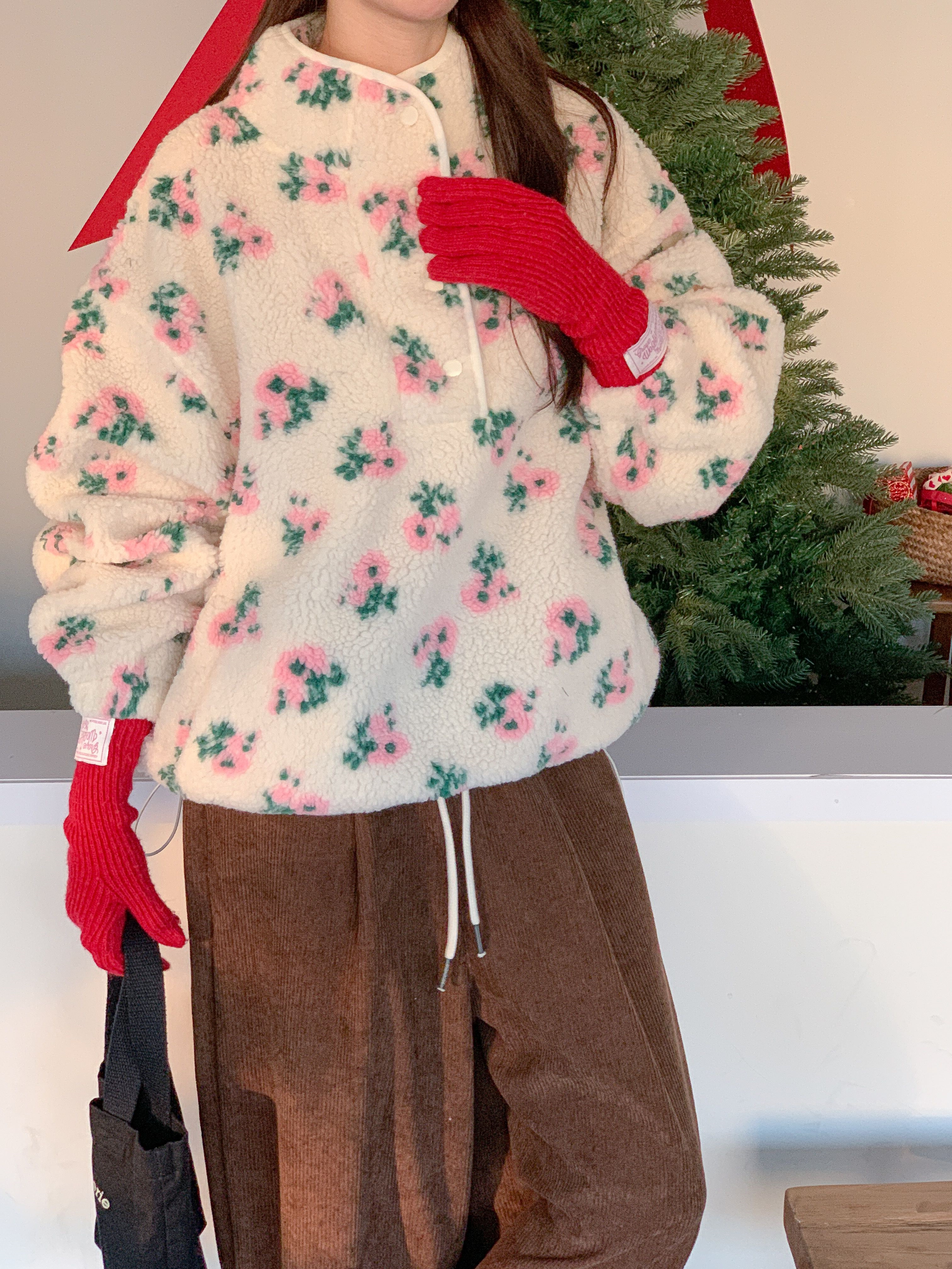 フリースカラードローコードスナップボタンカンガルーポケット花柄カラースウェット | 詳細画像12