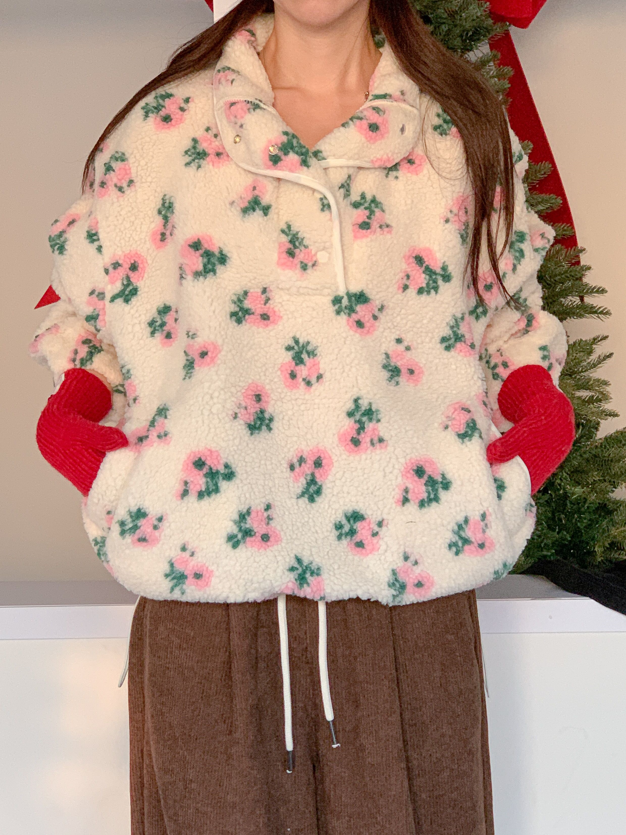 フリースカラードローコードスナップボタンカンガルーポケット花柄カラースウェット | 詳細画像13