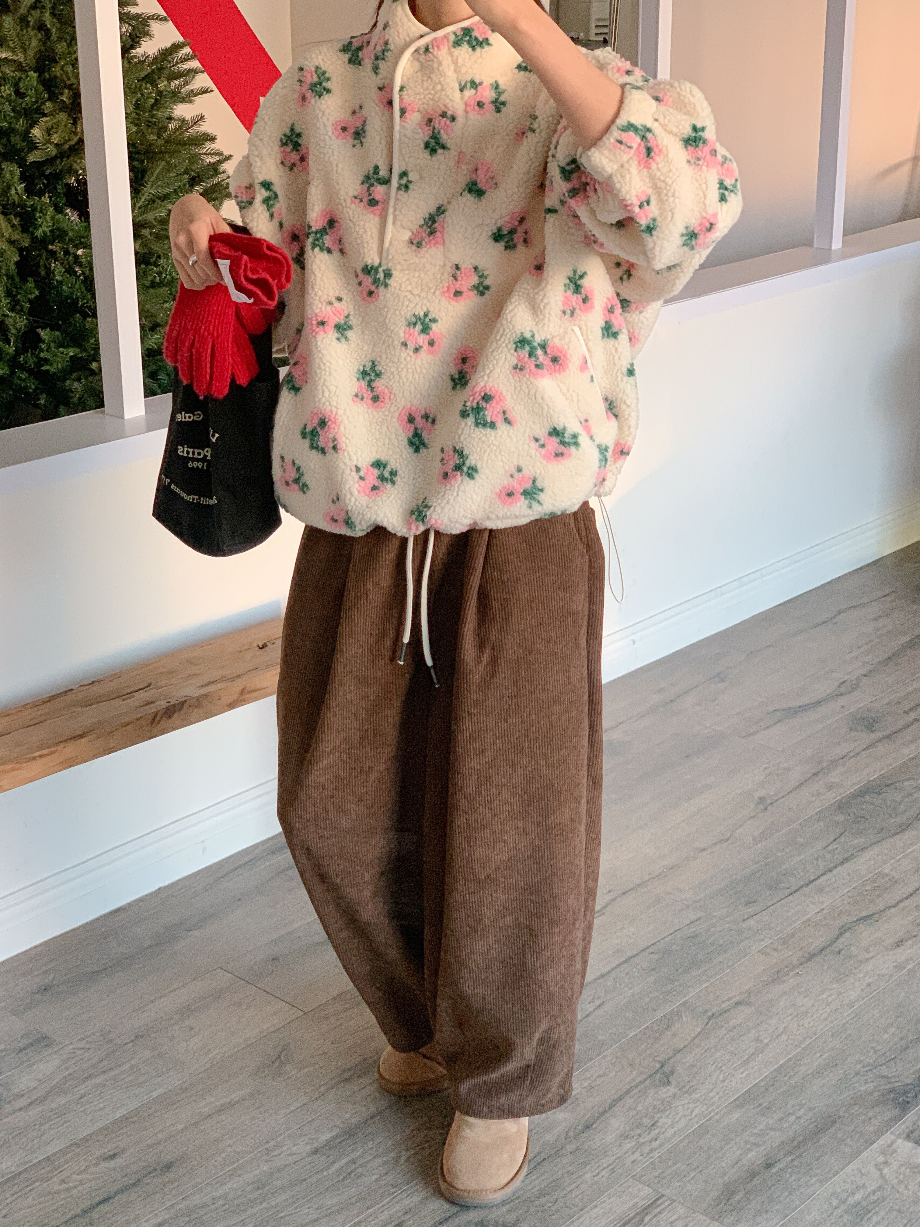 フリースカラードローコードスナップボタンカンガルーポケット花柄カラースウェット | 詳細画像14