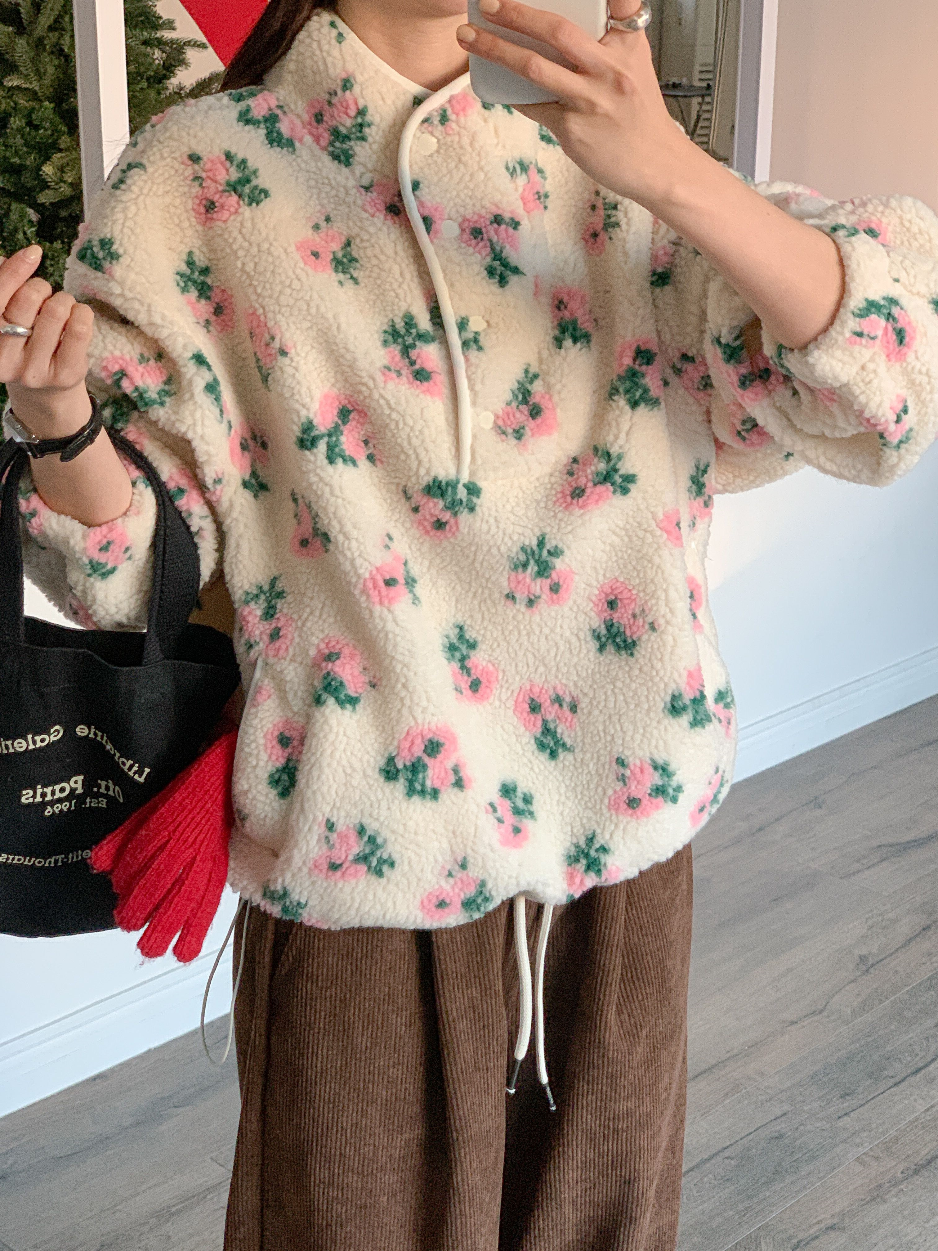 フリースカラードローコードスナップボタンカンガルーポケット花柄カラースウェット | 詳細画像15