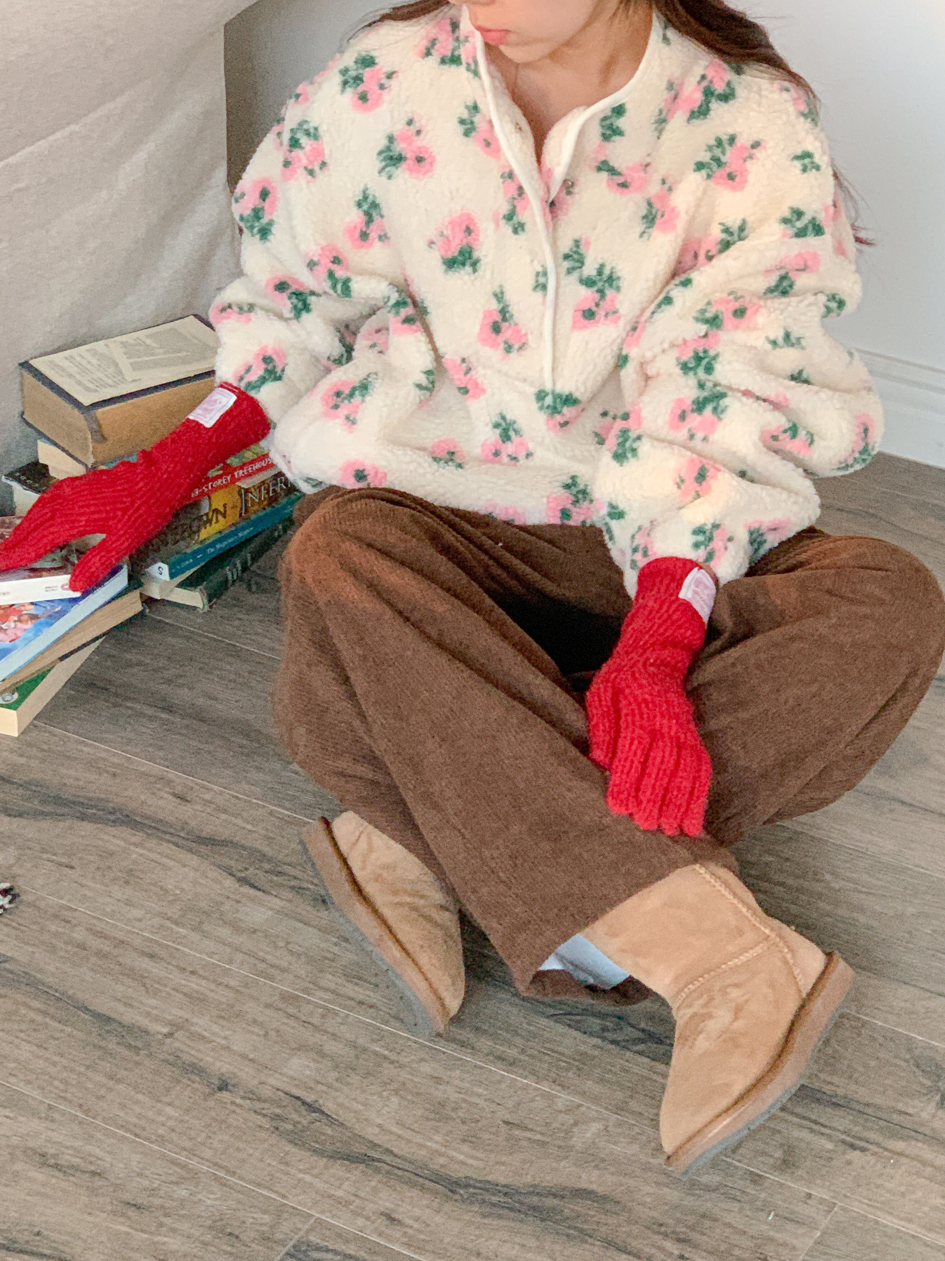 フリースカラードローコードスナップボタンカンガルーポケット花柄カラースウェット | 詳細画像16