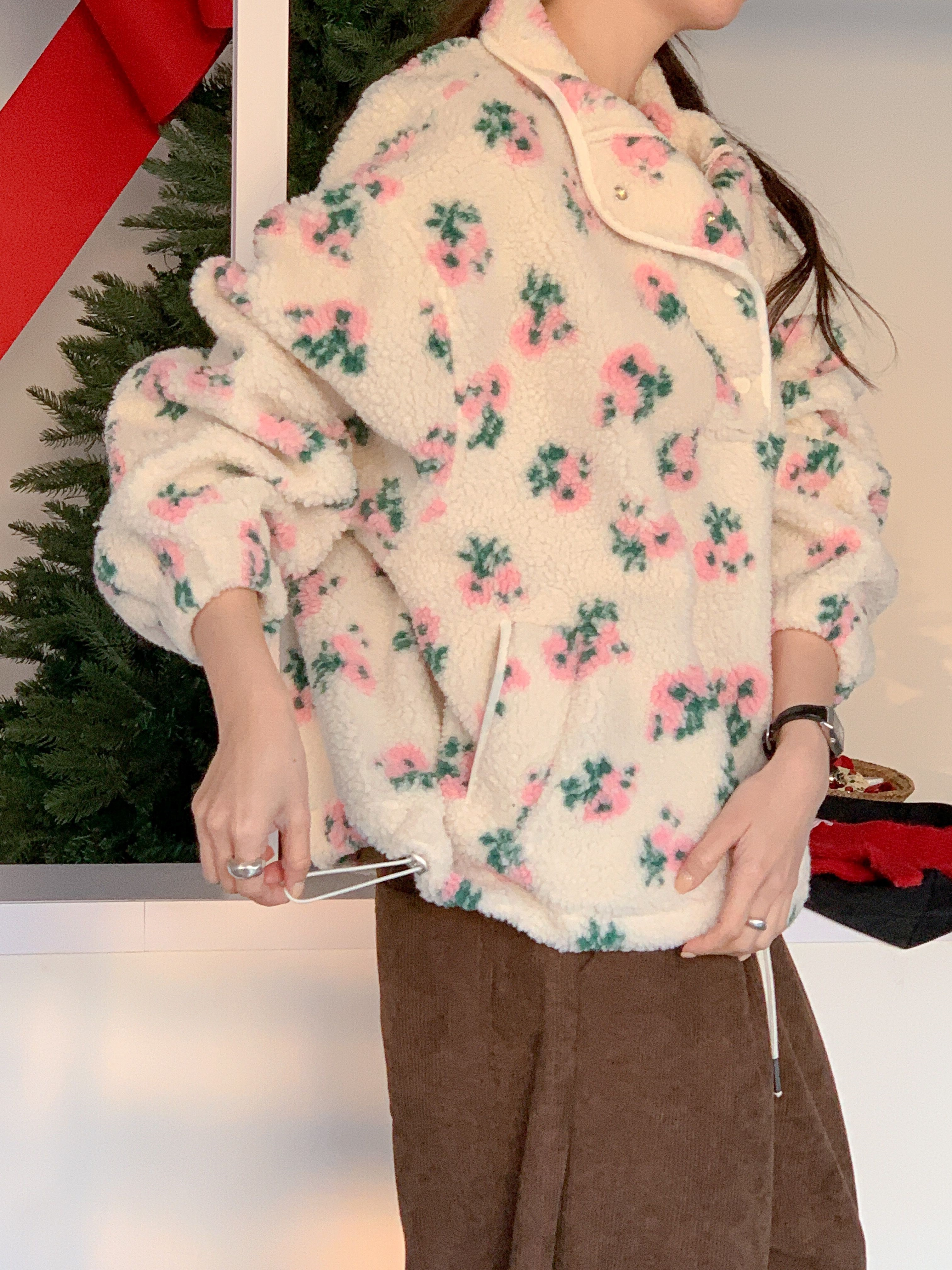 フリースカラードローコードスナップボタンカンガルーポケット花柄カラースウェット | 詳細画像17