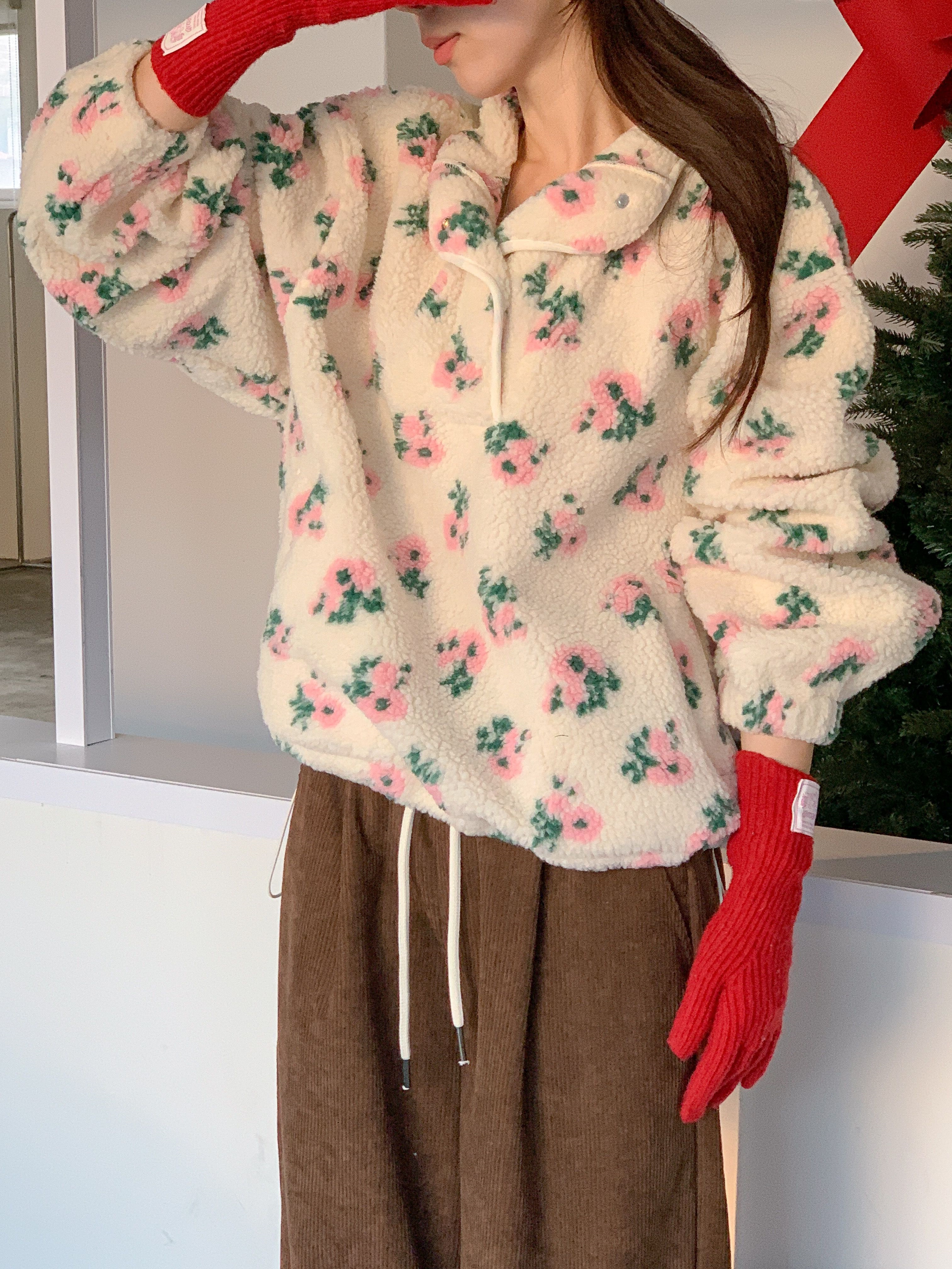 フリースカラードローコードスナップボタンカンガルーポケット花柄カラースウェット | 詳細画像18