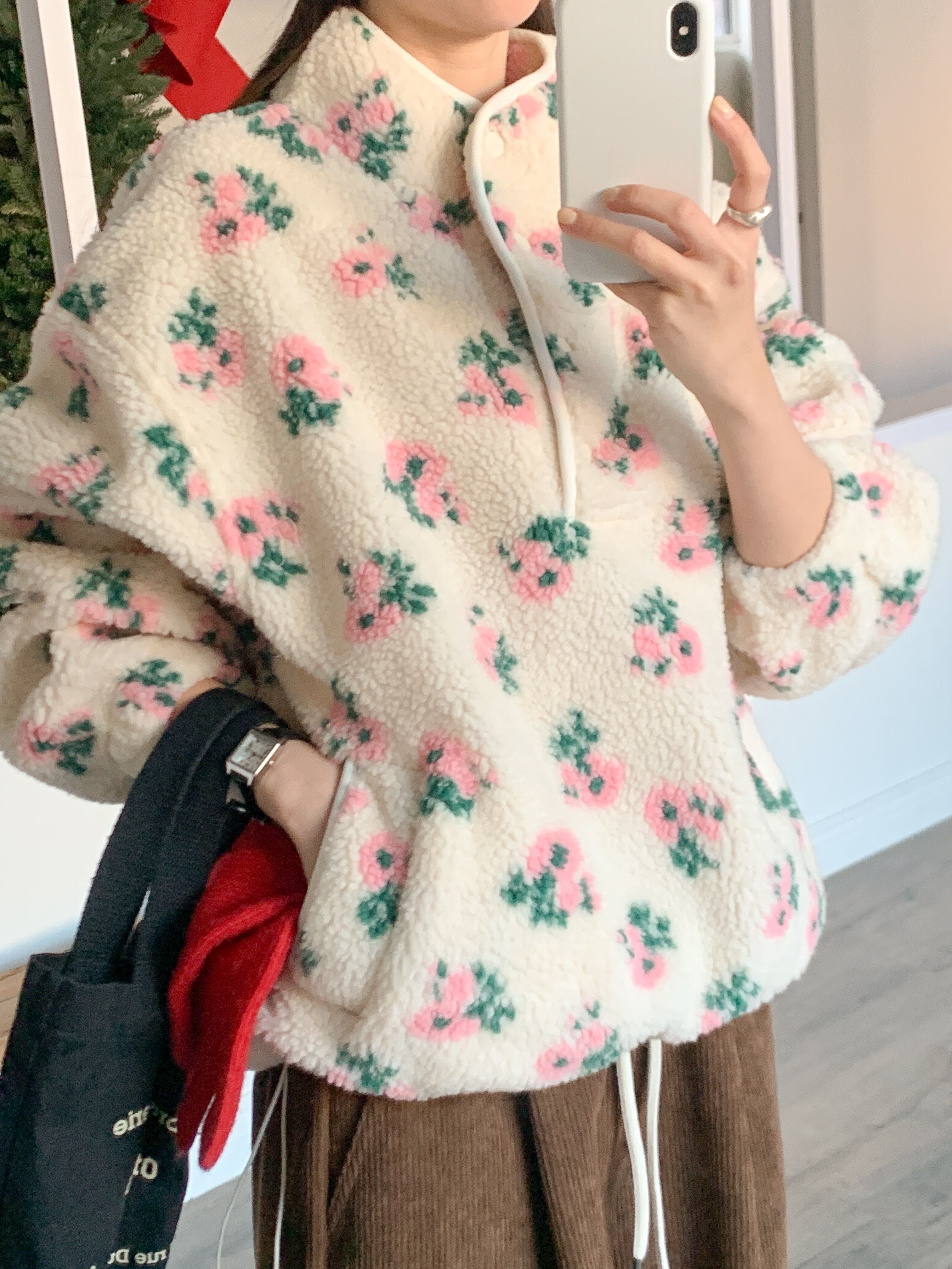 フリースカラードローコードスナップボタンカンガルーポケット花柄カラースウェット | 詳細画像19