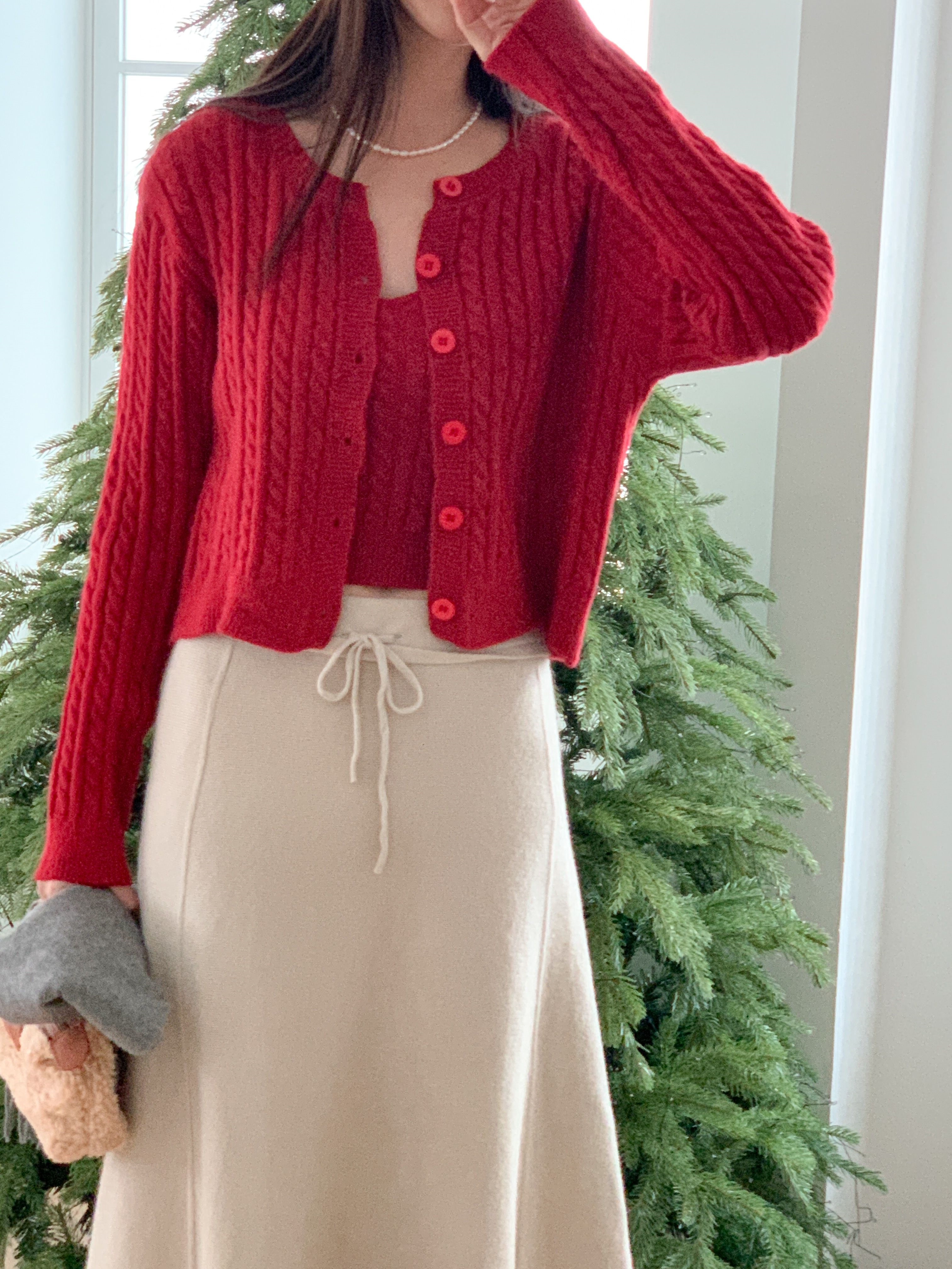 ボタンラウンドネックVネックケーブルカラーカーディガンニットアンサンブル | 詳細画像3