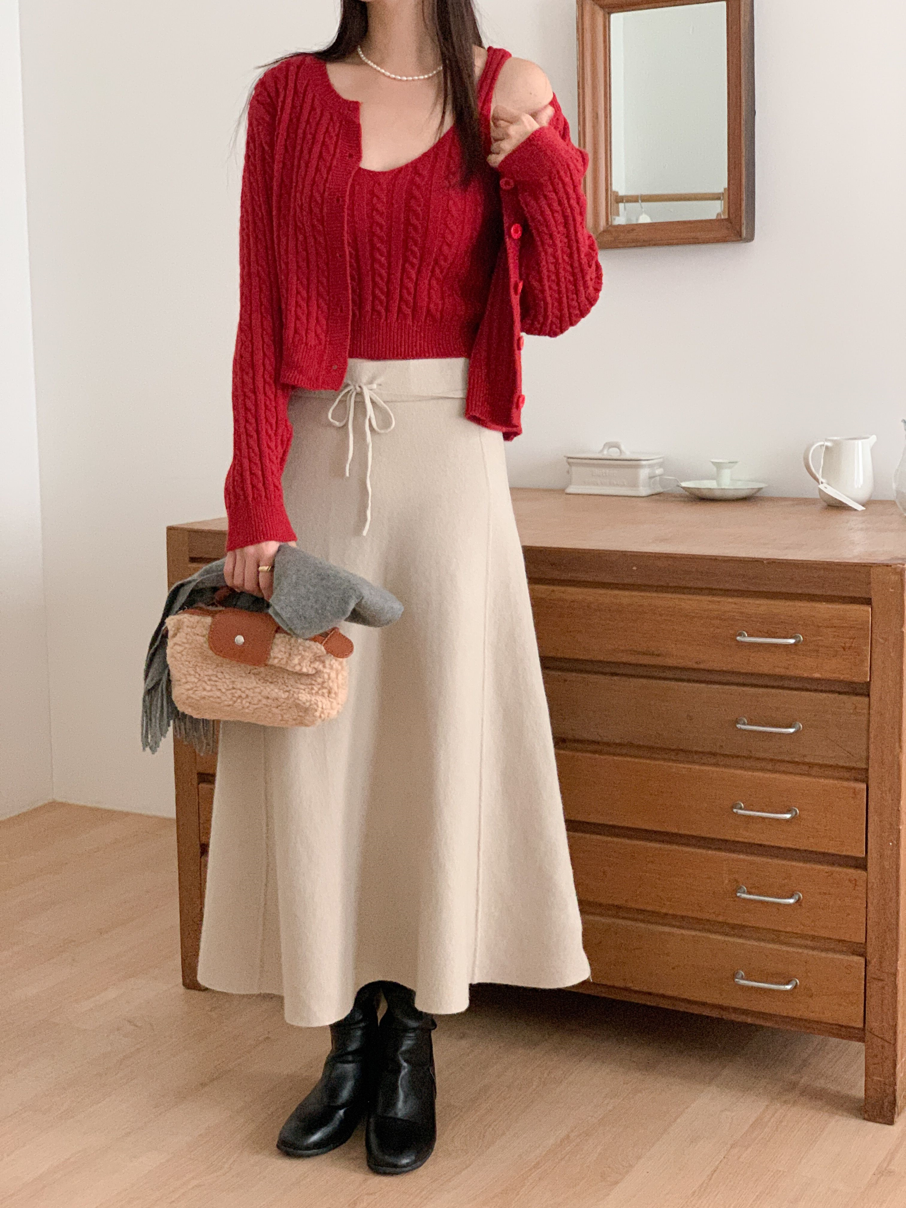 ボタンラウンドネックVネックケーブルカラーカーディガンニットアンサンブル | 詳細画像6