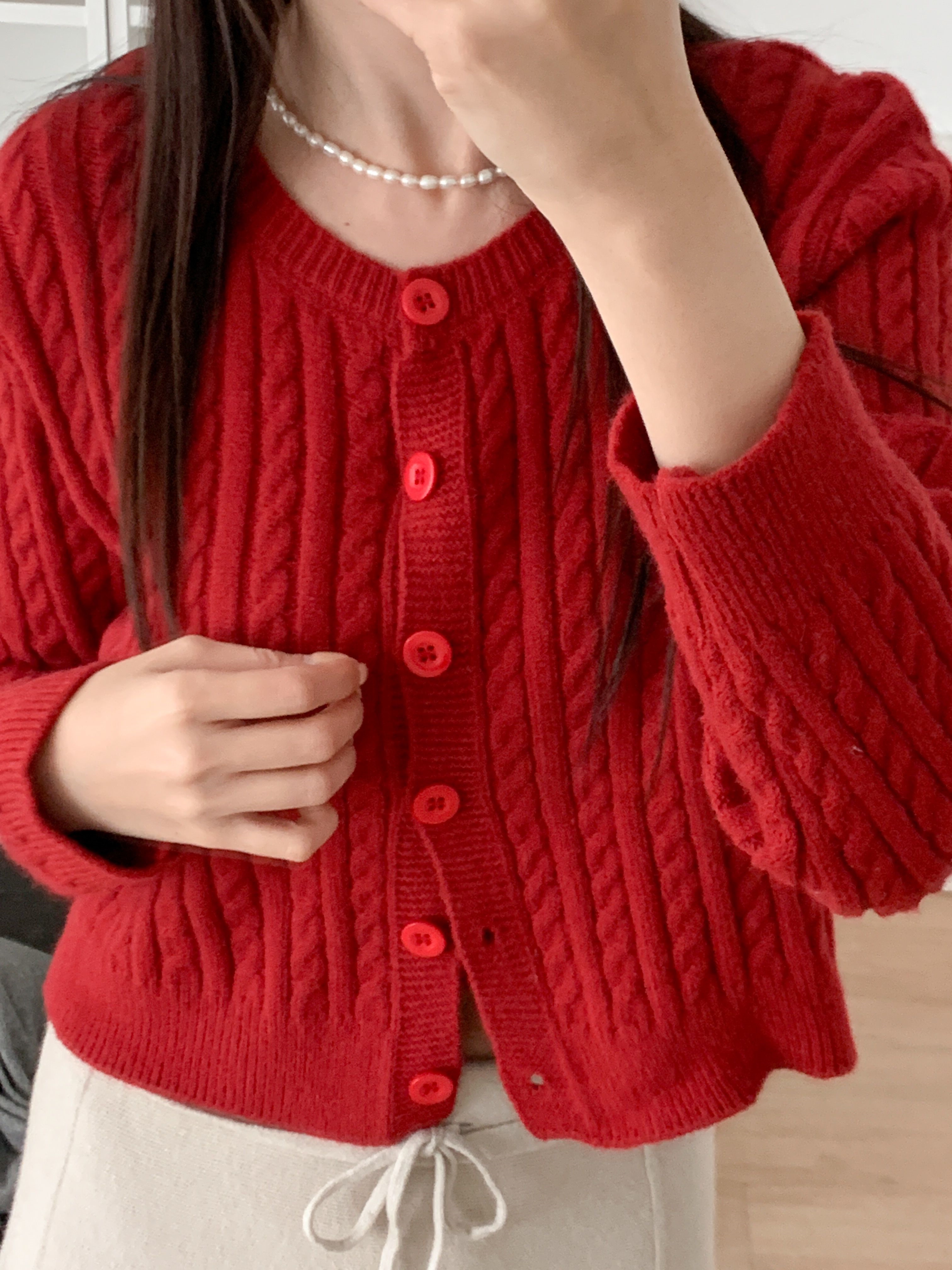 ボタンラウンドネックVネックケーブルカラーカーディガンニットアンサンブル | 詳細画像9