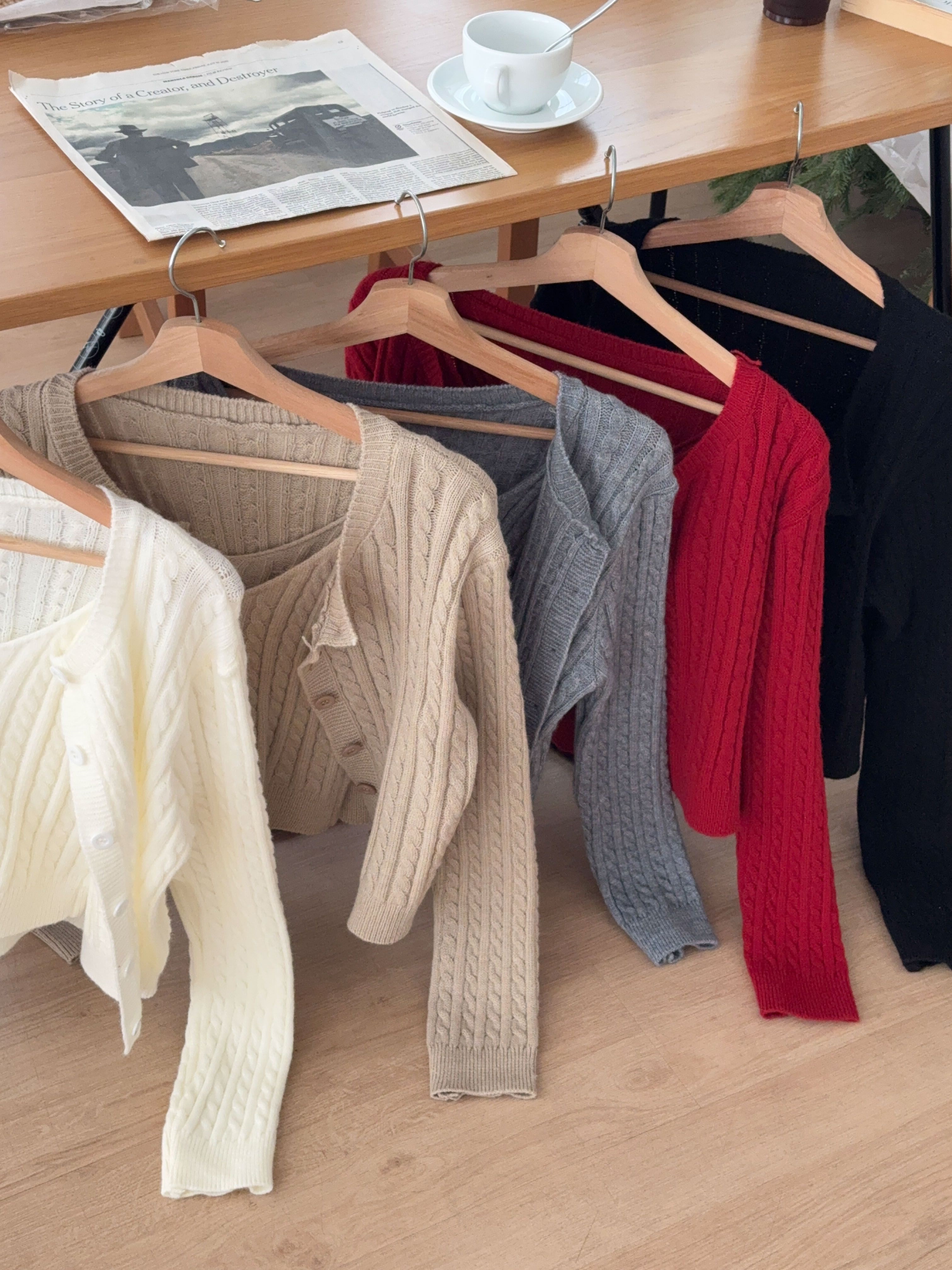 ボタンラウンドネックVネックケーブルカラーカーディガンニットアンサンブル | 詳細画像10