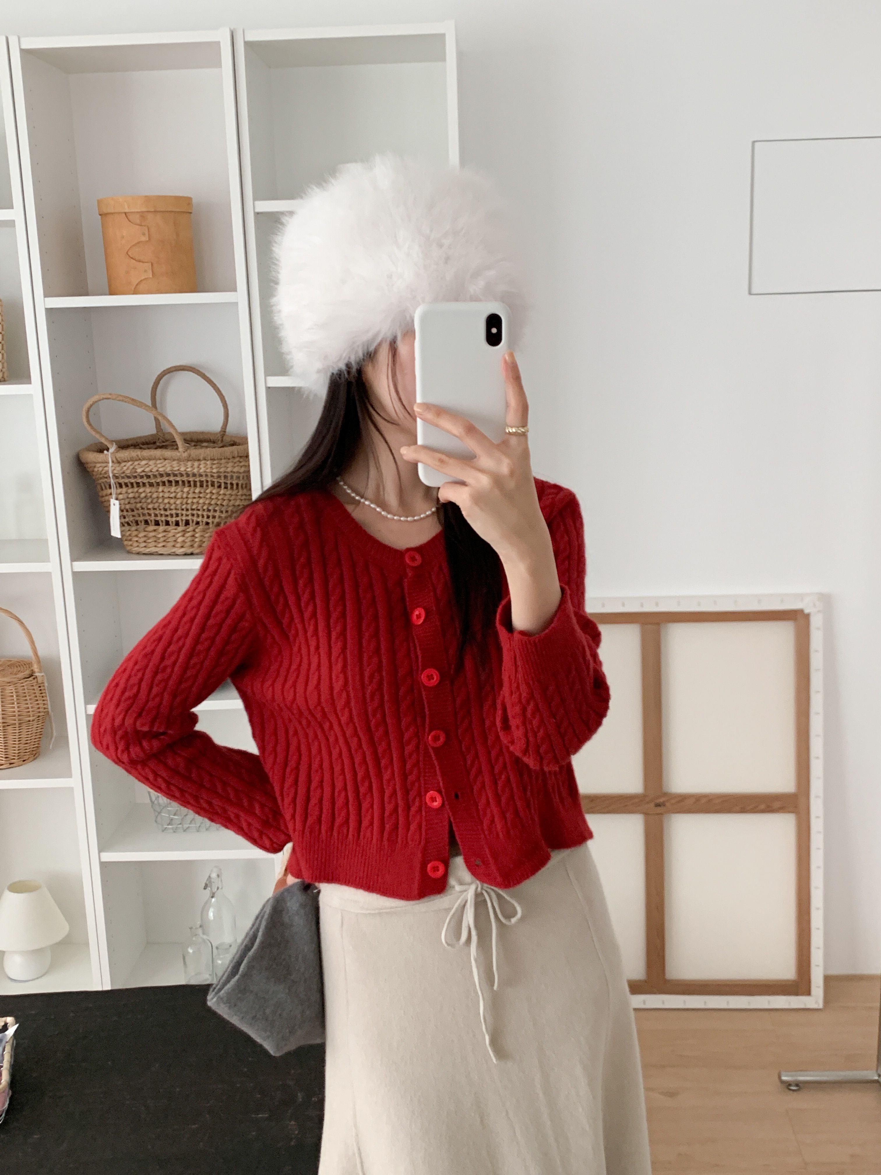 ボタンラウンドネックVネックケーブルカラーカーディガンニットアンサンブル | 詳細画像11