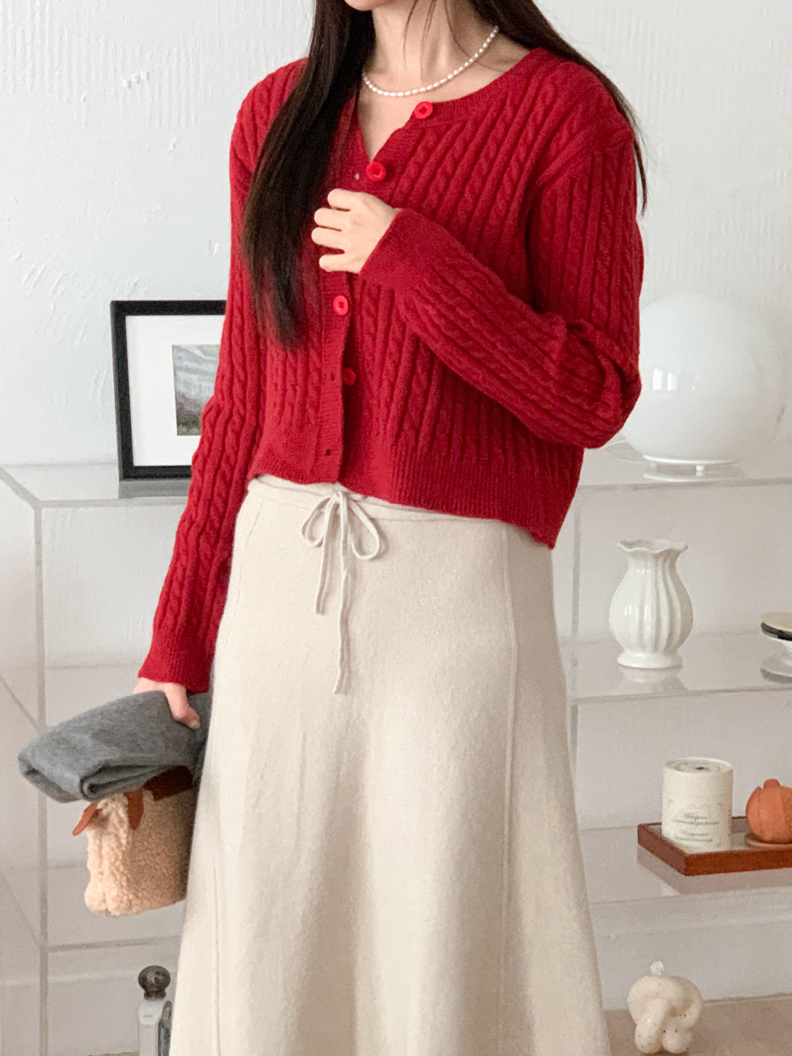 ボタンラウンドネックVネックケーブルカラーカーディガンニットアンサンブル | 詳細画像13