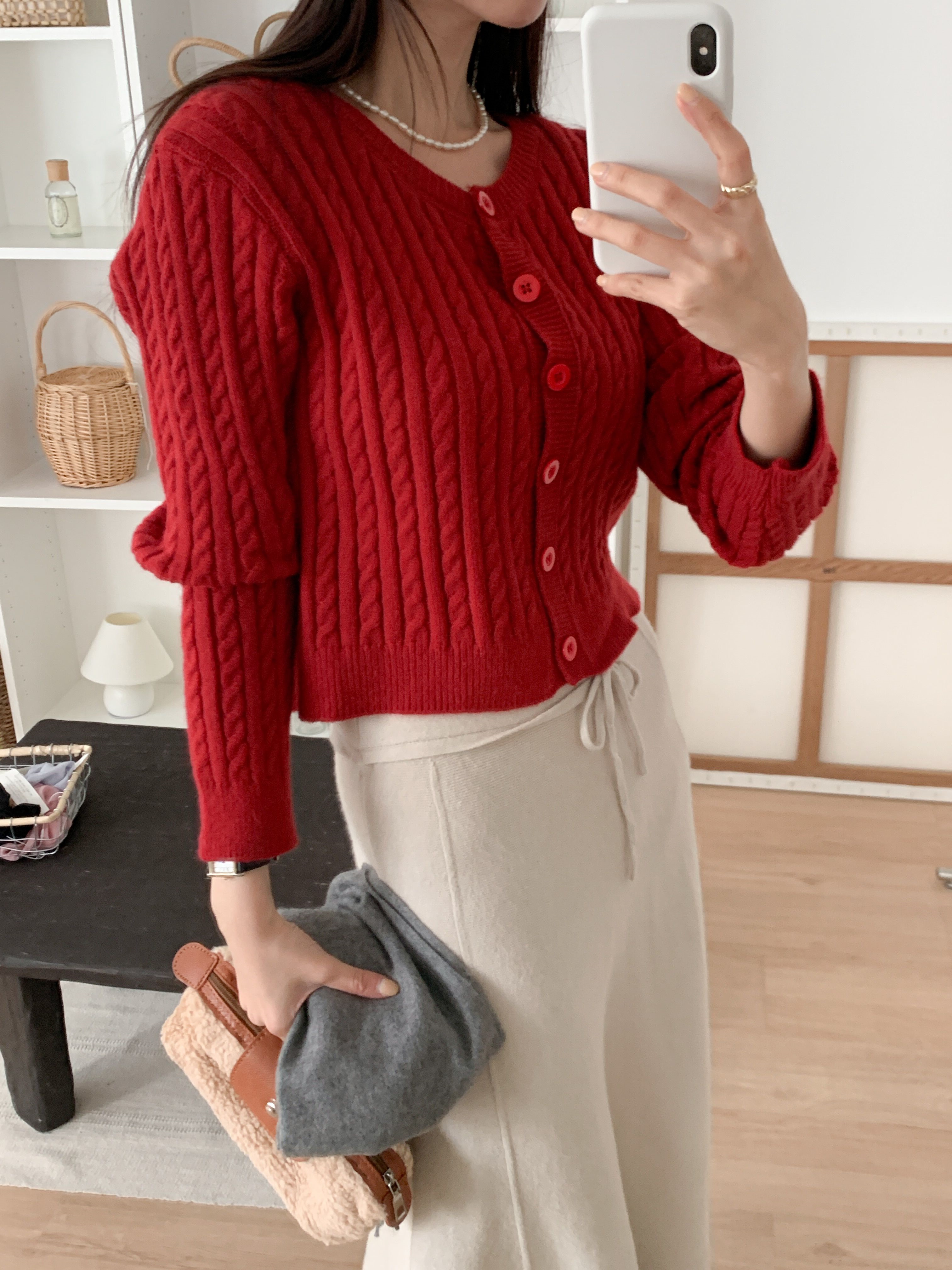 ボタンラウンドネックVネックケーブルカラーカーディガンニットアンサンブル | 詳細画像14