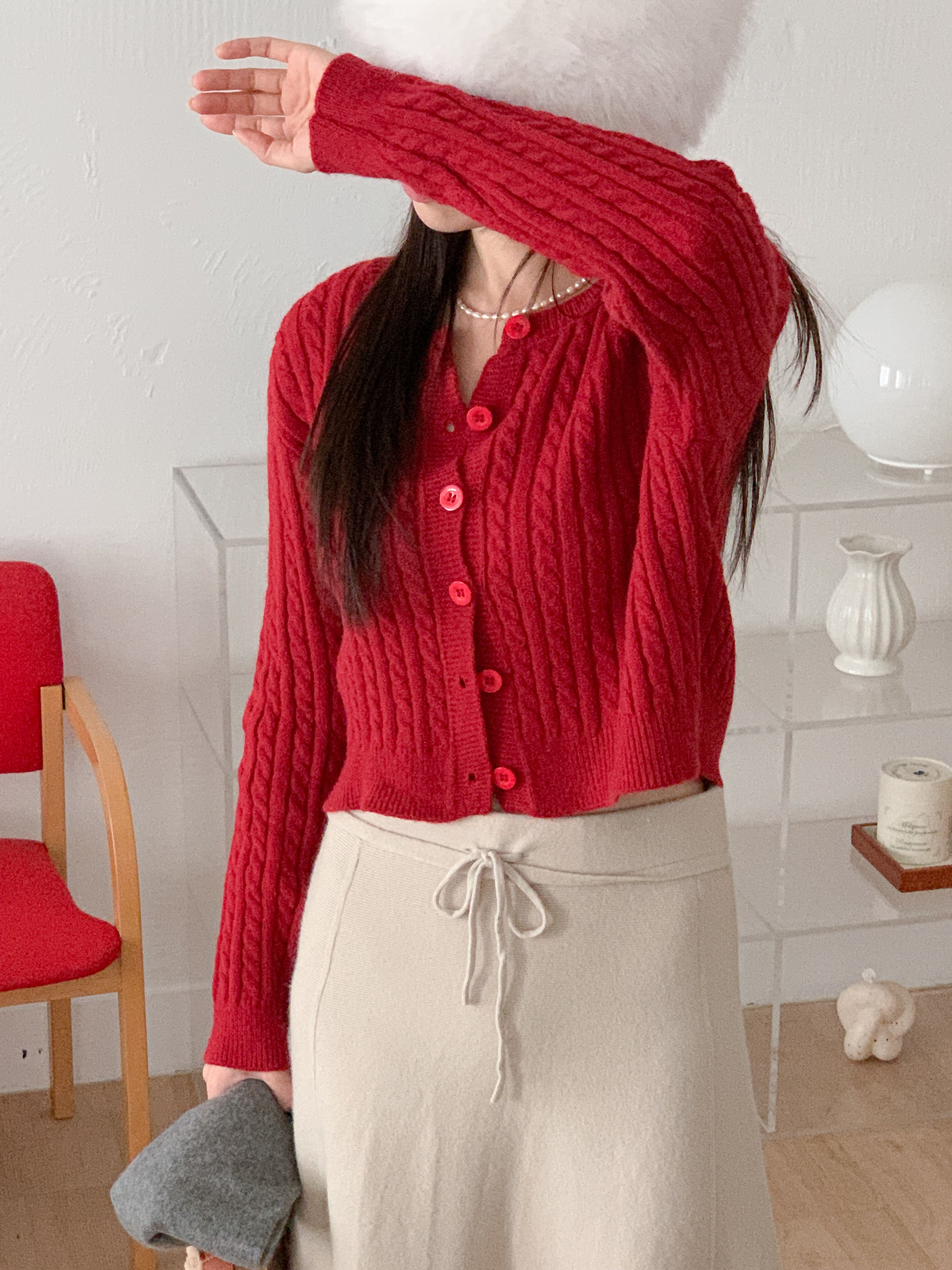 ボタンラウンドネックVネックケーブルカラーカーディガンニットアンサンブル | 詳細画像16