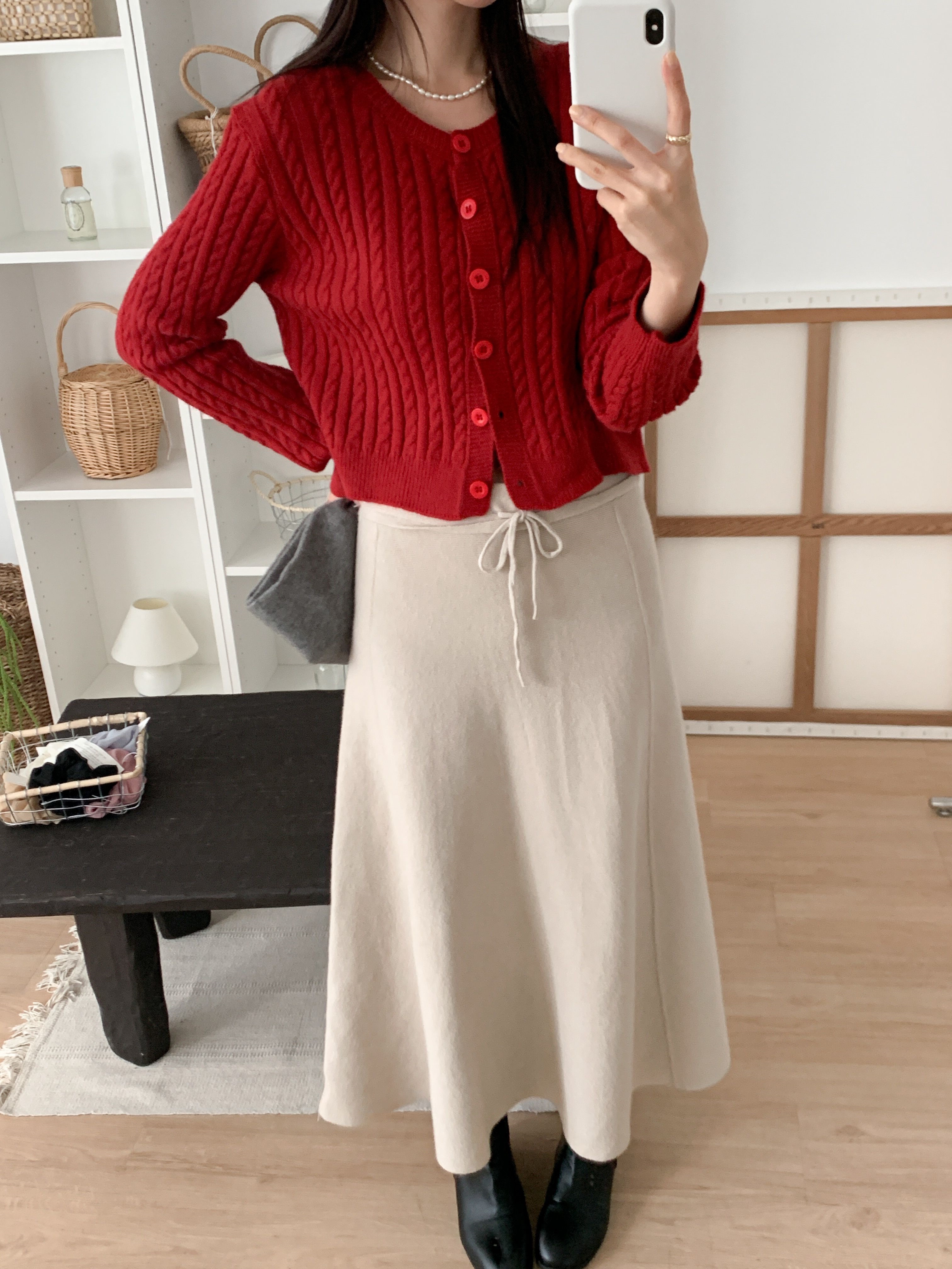 ボタンラウンドネックVネックケーブルカラーカーディガンニットアンサンブル | 詳細画像17