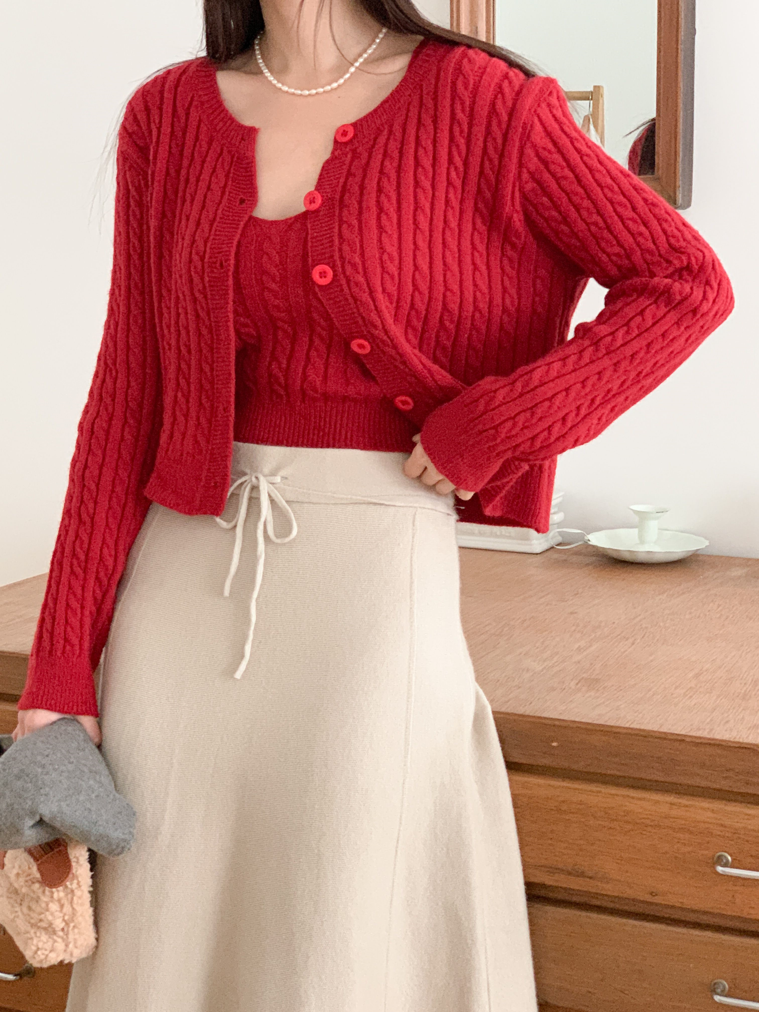 ボタンラウンドネックVネックケーブルカラーカーディガンニットアンサンブル | 詳細画像18