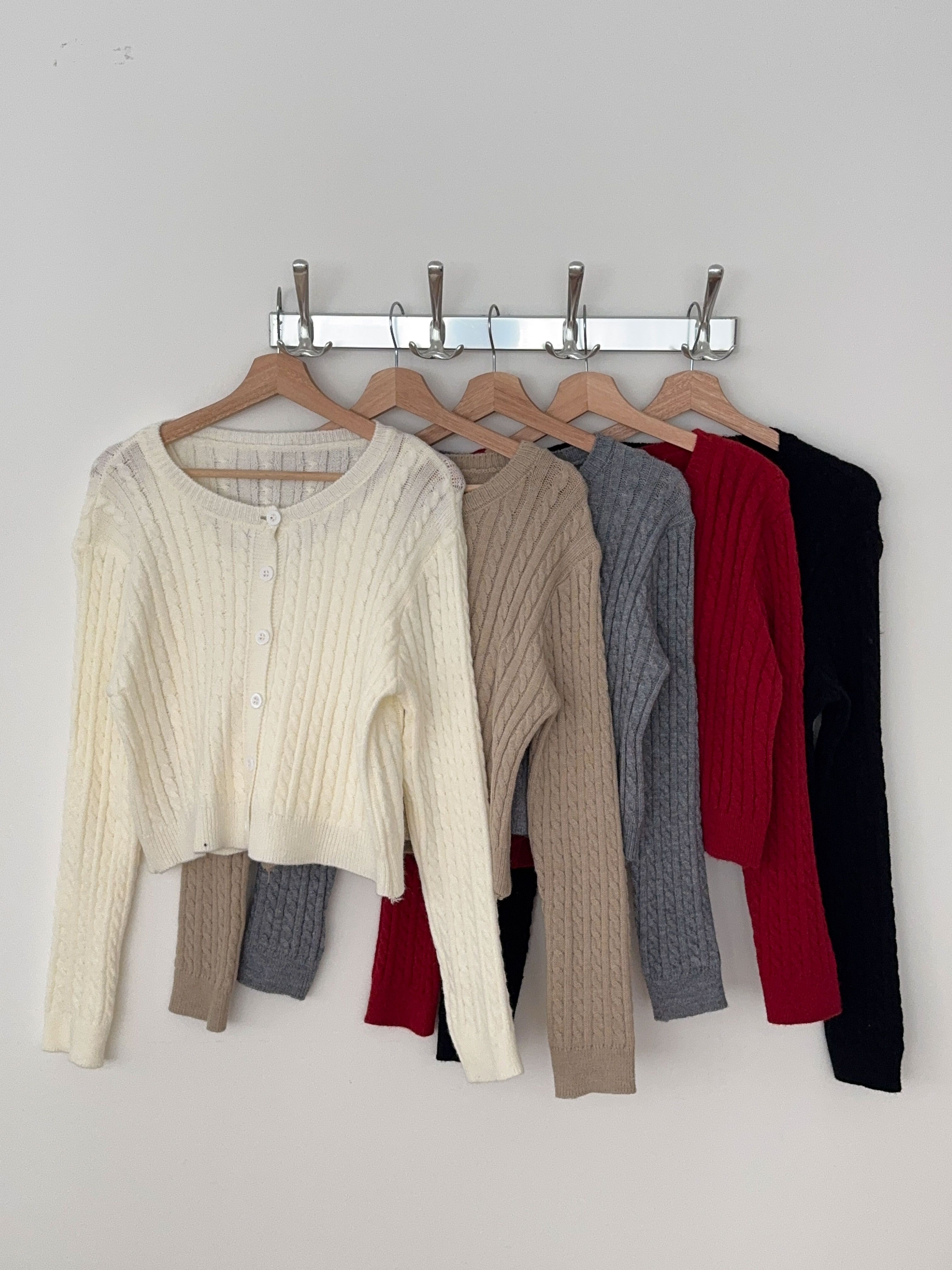 ボタンラウンドネックVネックケーブルカラーカーディガンニットアンサンブル | 詳細画像19