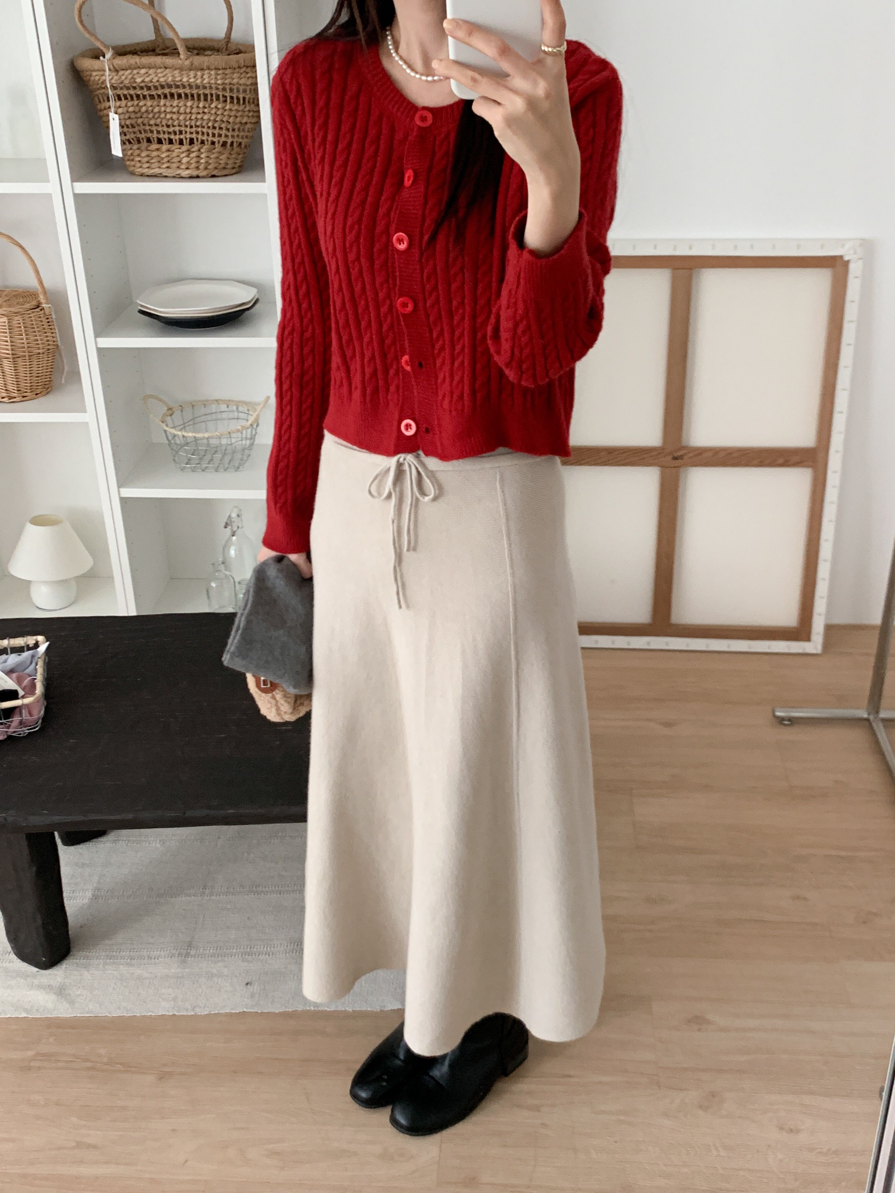 ボタンラウンドネックVネックケーブルカラーカーディガンニットアンサンブル | 詳細画像20