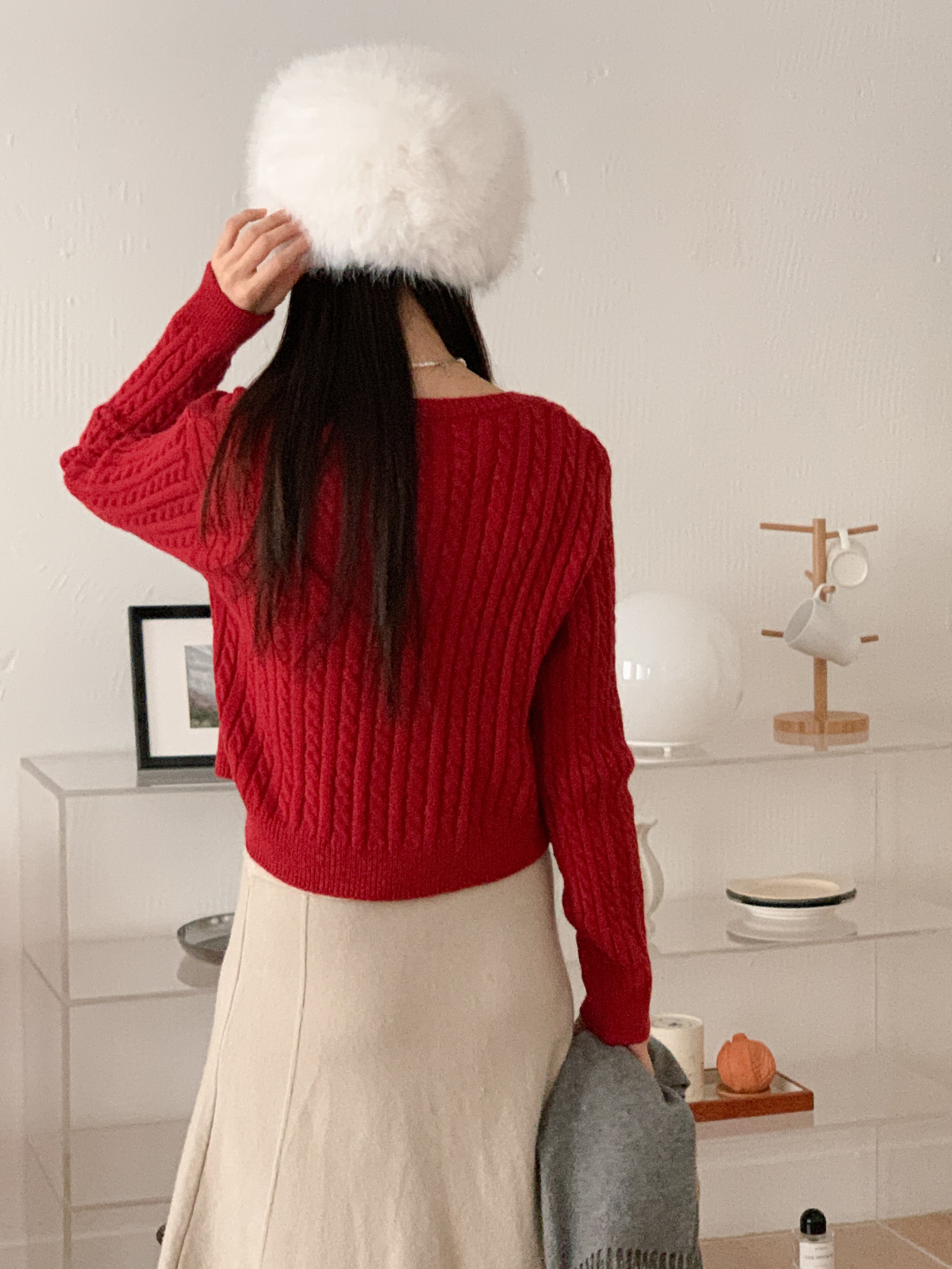 ボタンラウンドネックVネックケーブルカラーカーディガンニットアンサンブル | 詳細画像21