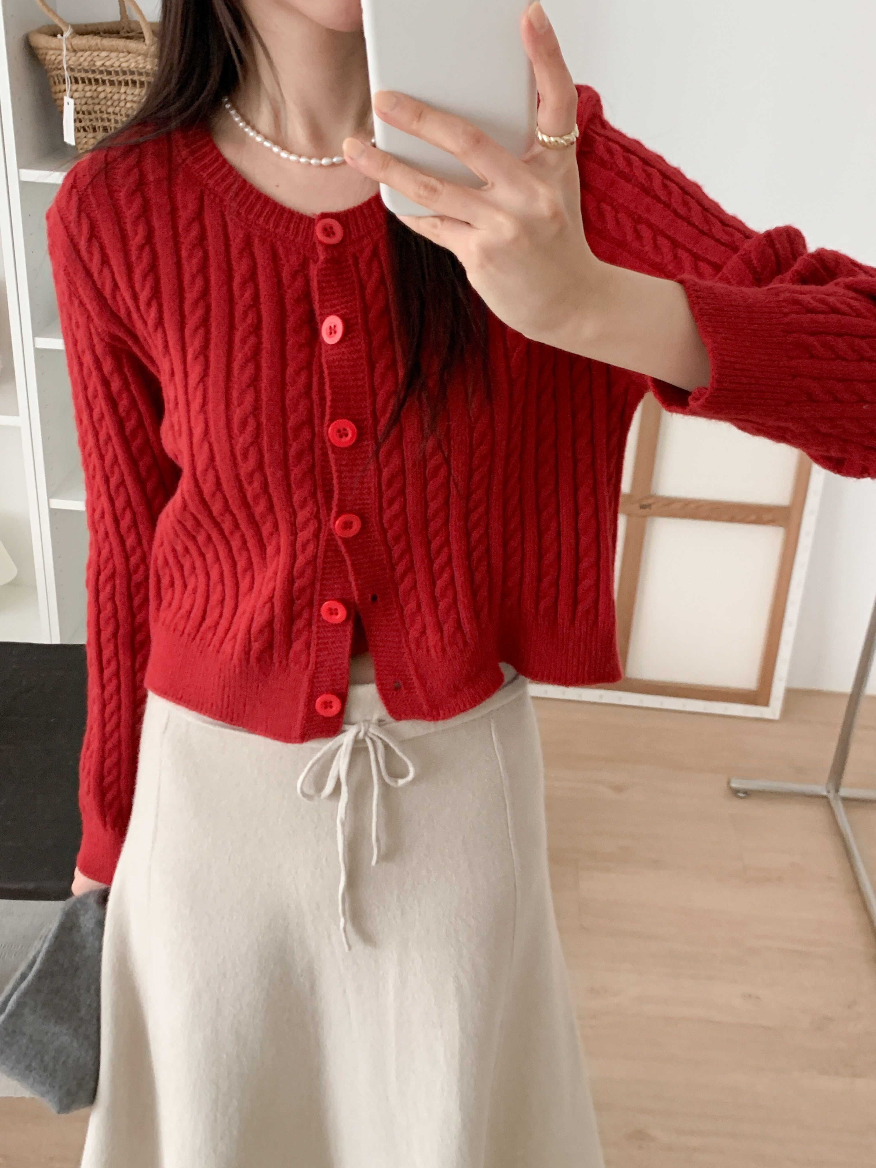 ボタンラウンドネックVネックケーブルカラーカーディガンニットアンサンブル | 詳細画像22