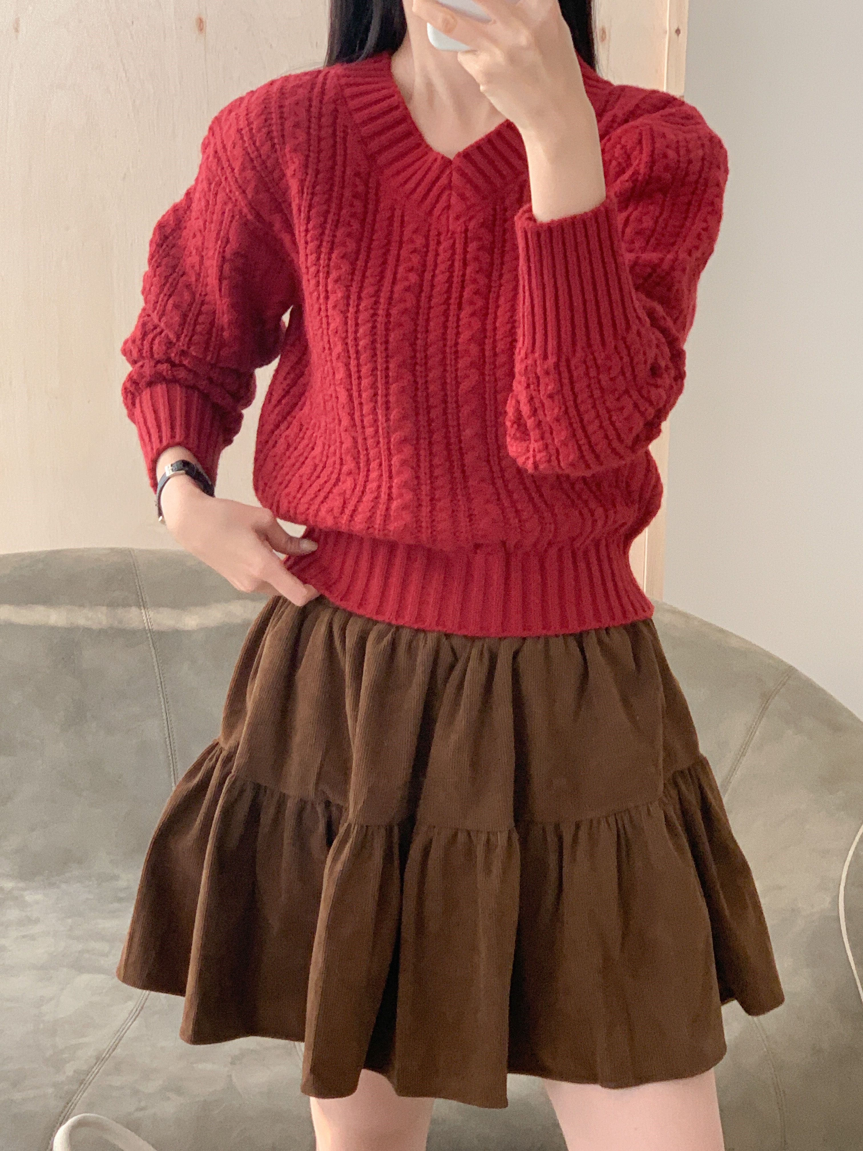 Vネックベーシックケーブルカラーニット | 詳細画像3