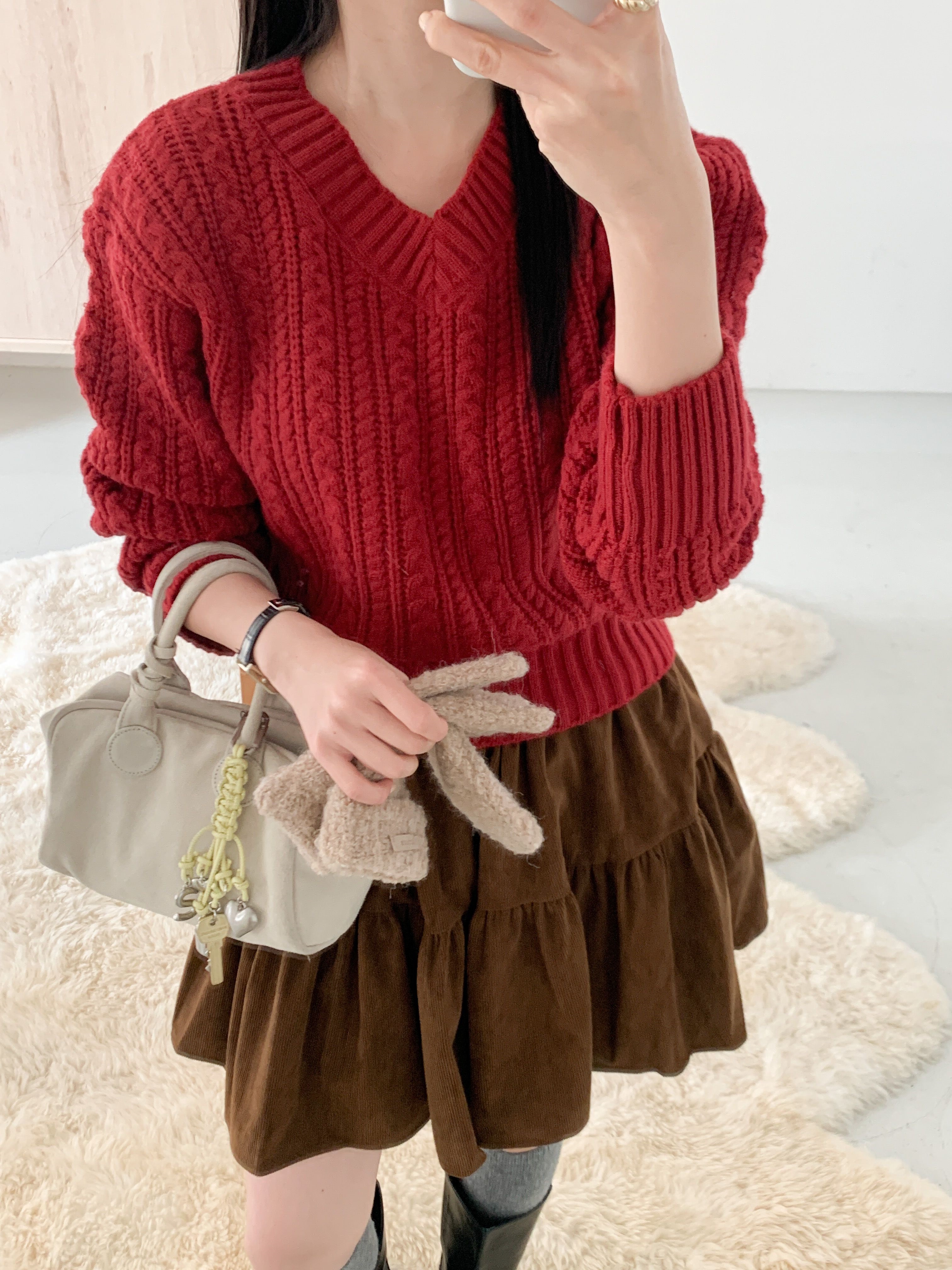 Vネックベーシックケーブルカラーニット | 詳細画像5