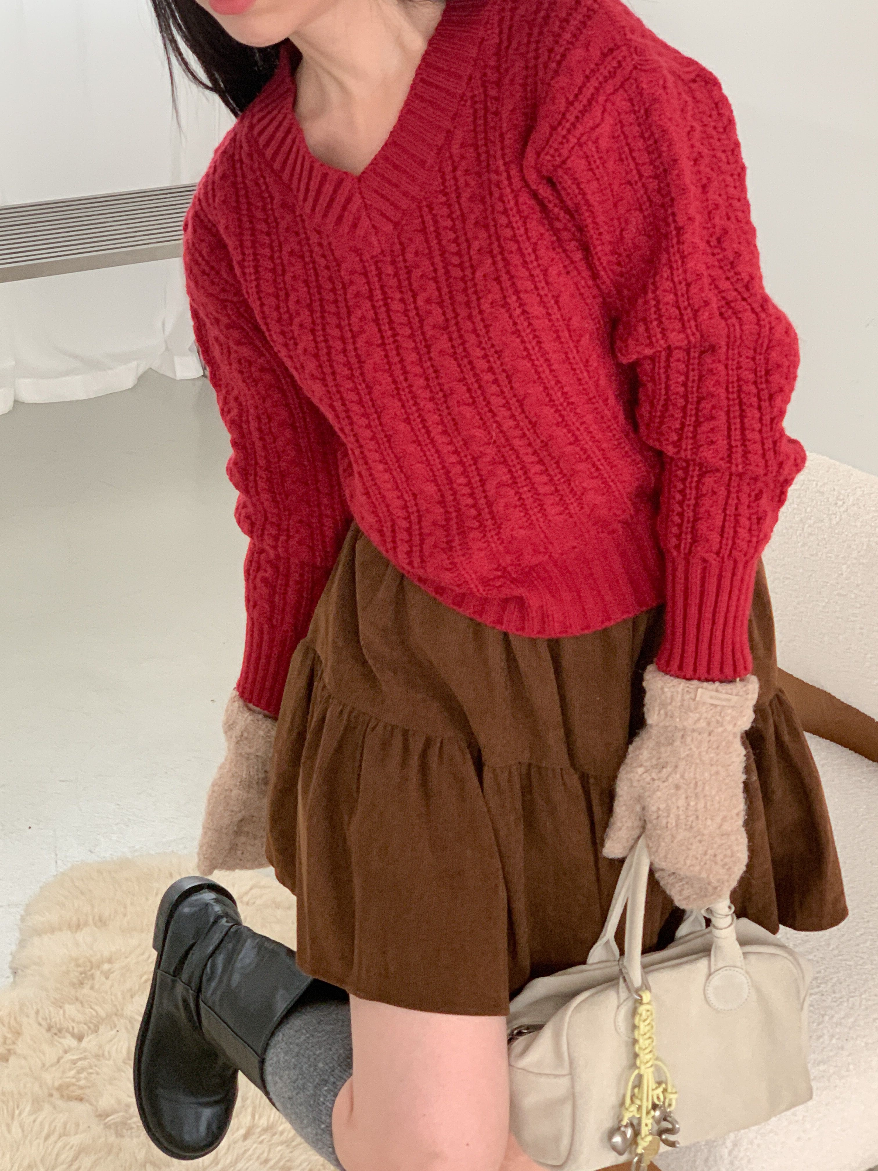 Vネックベーシックケーブルカラーニット | 詳細画像15