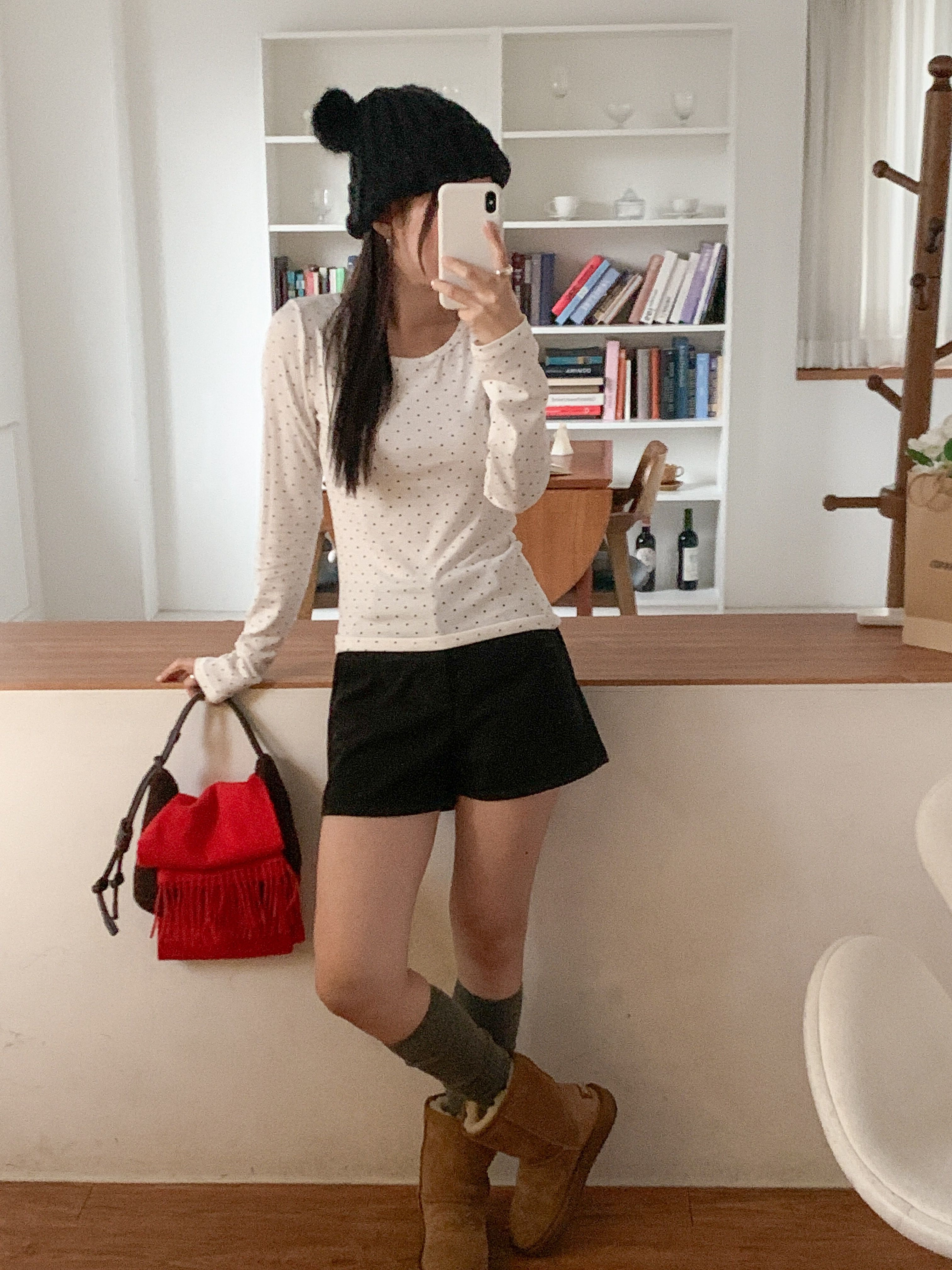 ラウンドネックスリム長袖ドットカラーTシャツ | 詳細画像5