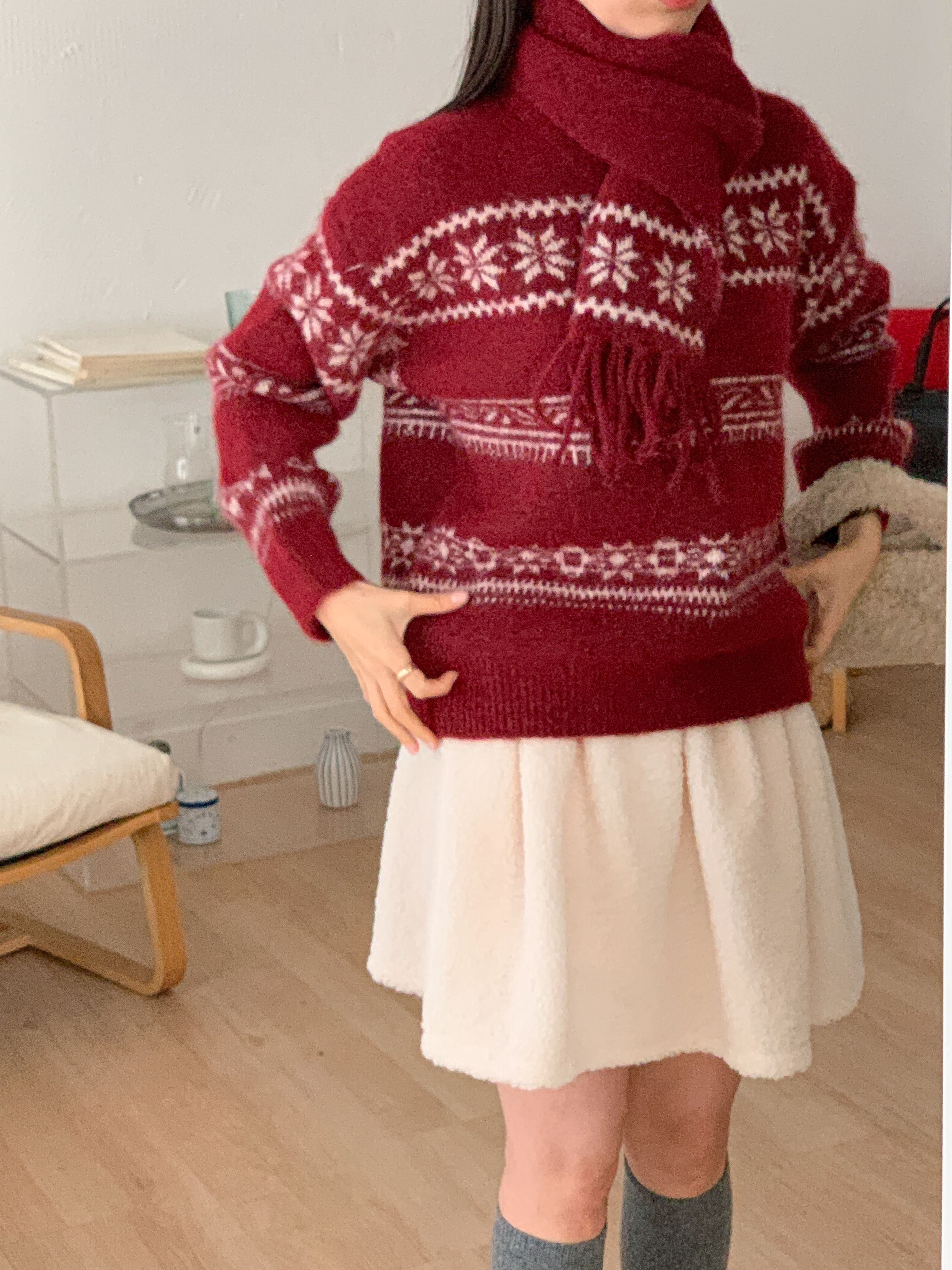 ウール混ラウンドネックルーズカラーニットマフラー付 | 詳細画像6