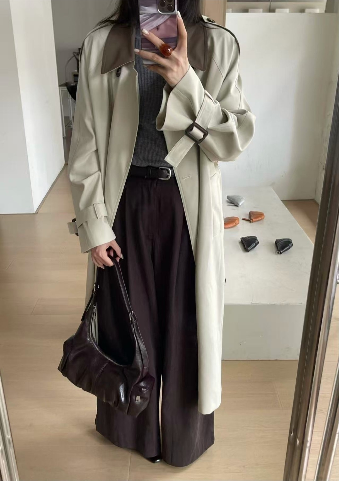 レザー調カラーショルダーバッグストラップ付 | 詳細画像3