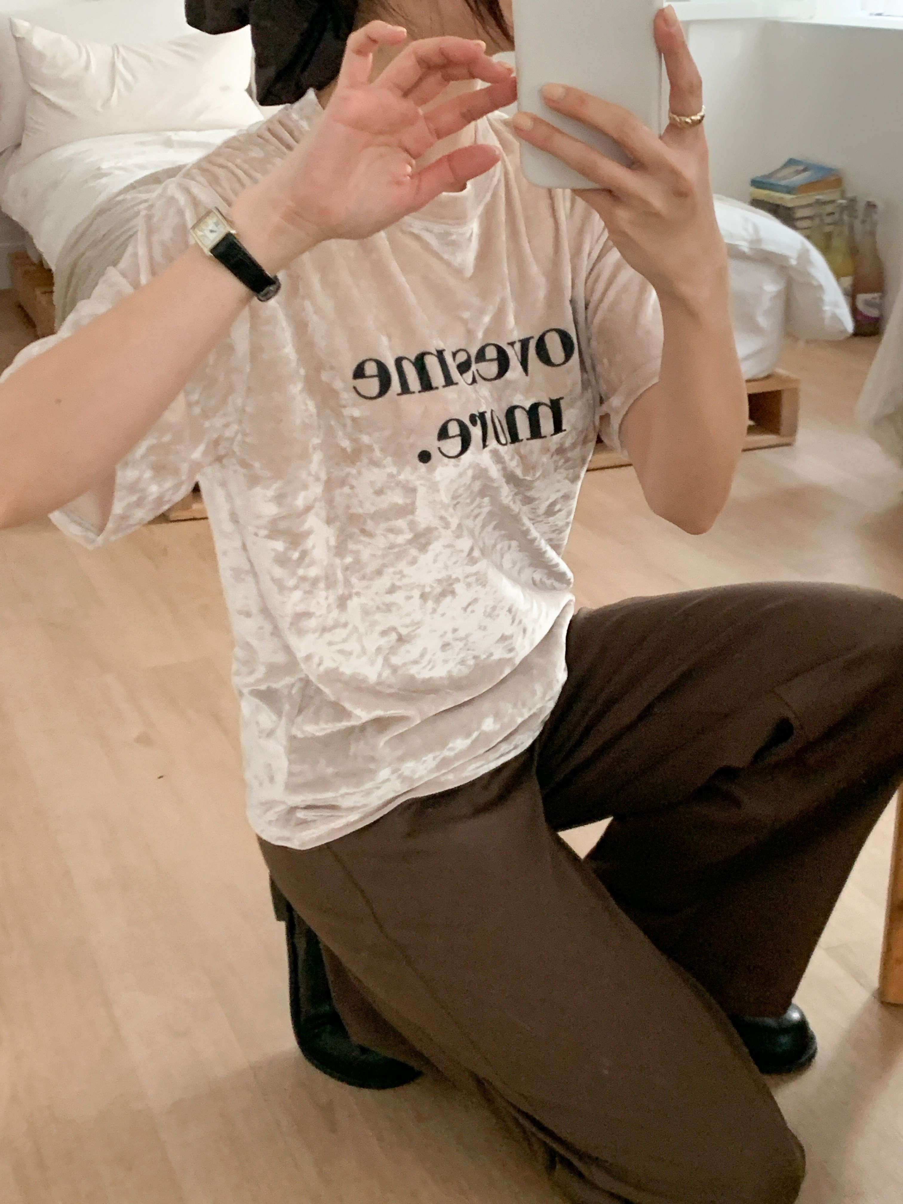 ベロアラウンドネック半袖プリントカラーTシャツ | レディース
