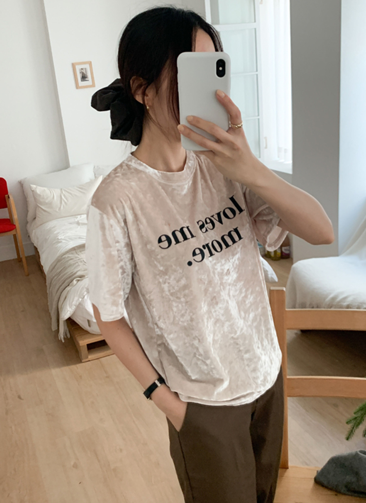 ベロアラウンドネック半袖プリントカラーTシャツ | レディース