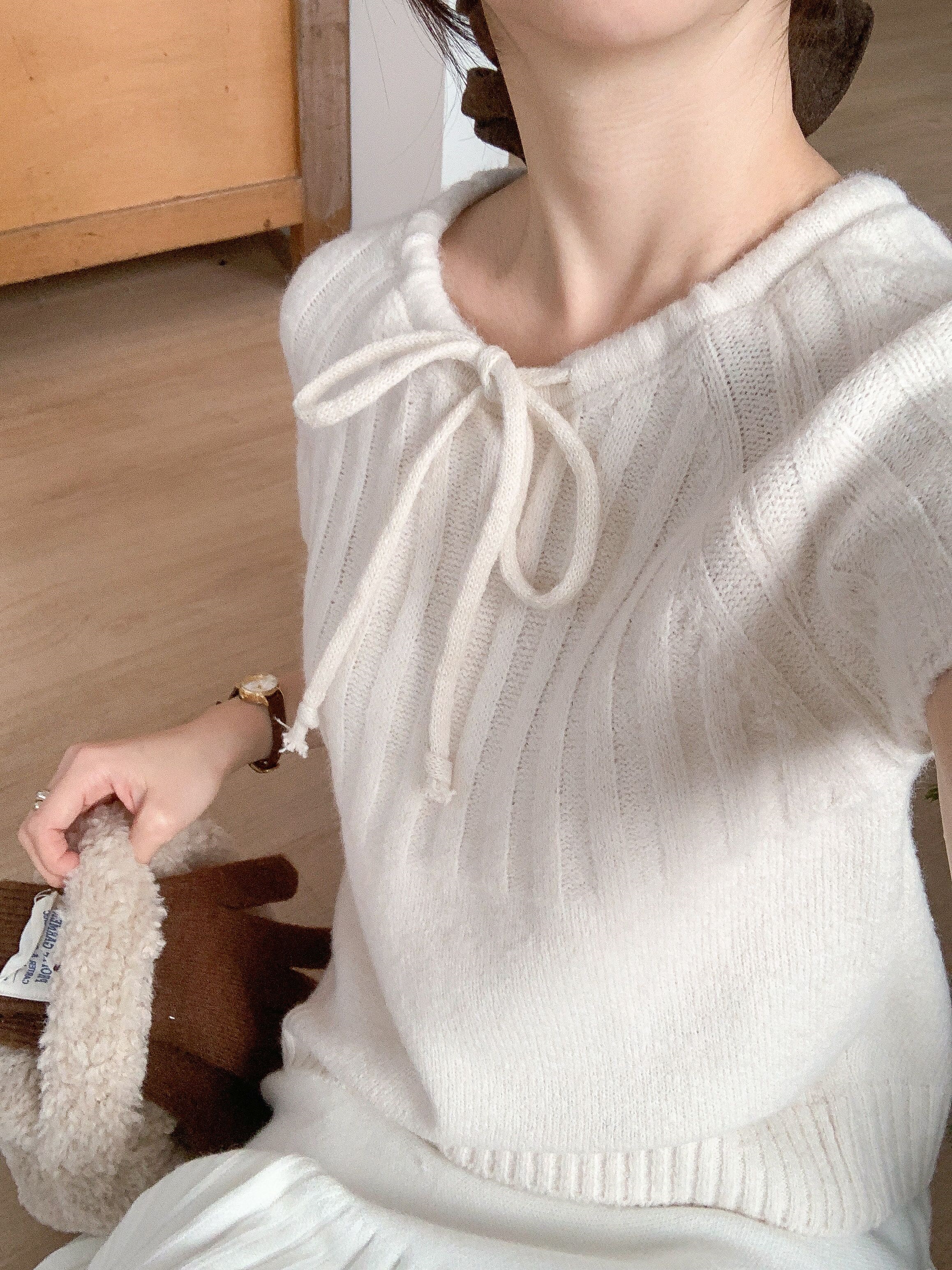 リボン半袖セミクロップドカラーニット | 詳細画像15