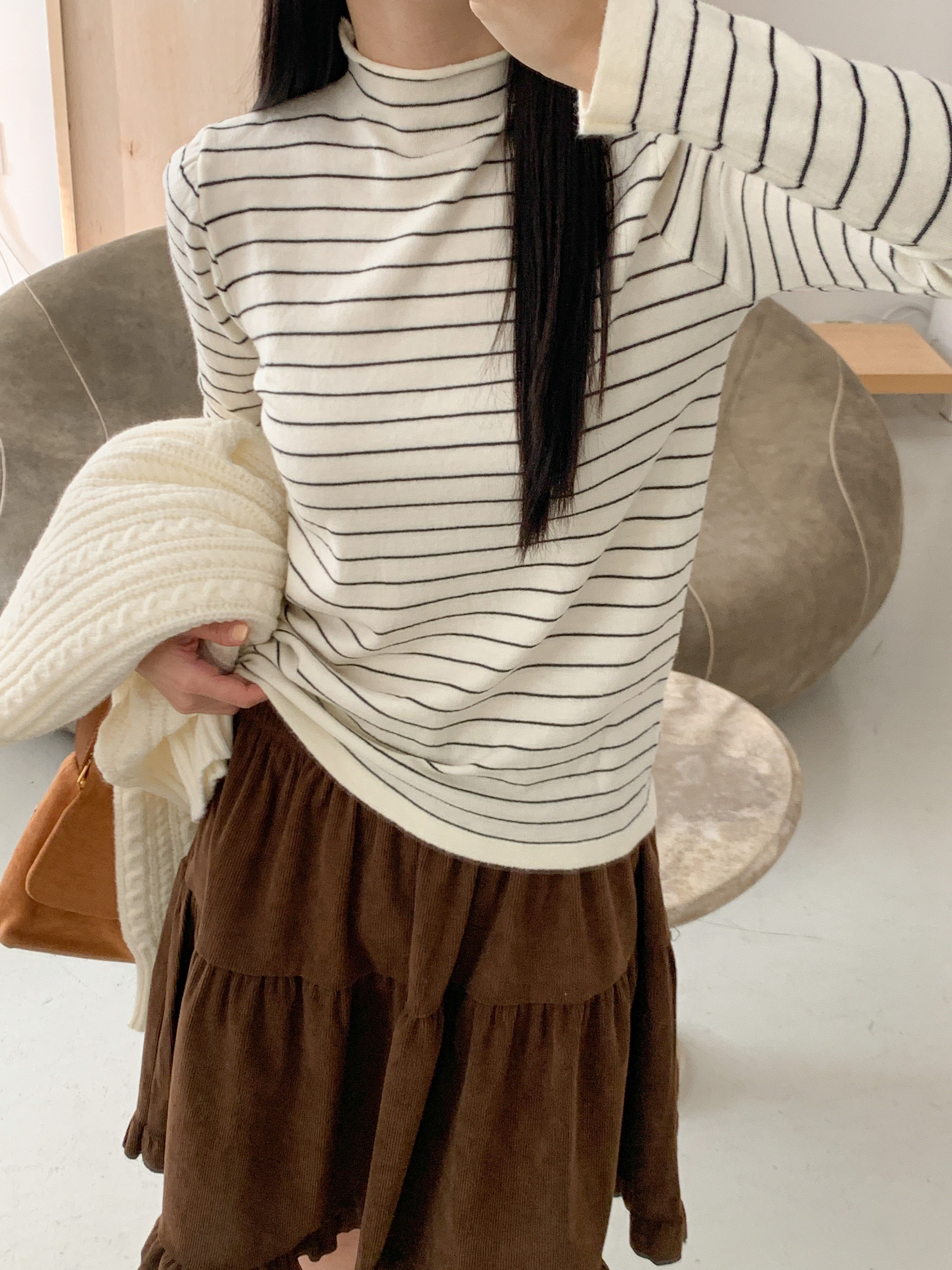 ハーフネックシンプル長袖ボーダーニット | 詳細画像4