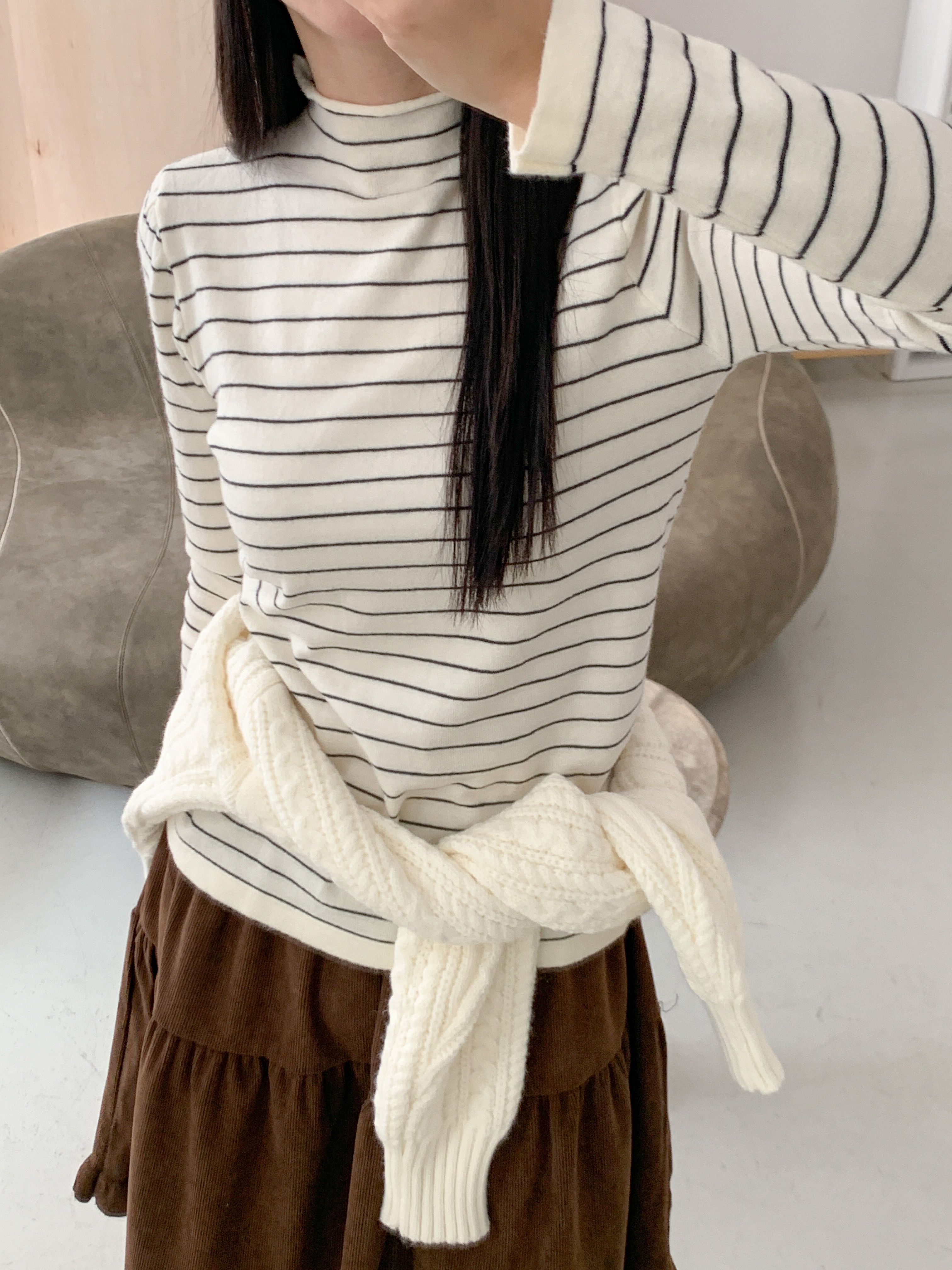 ハーフネックシンプル長袖ボーダーニット | 詳細画像6