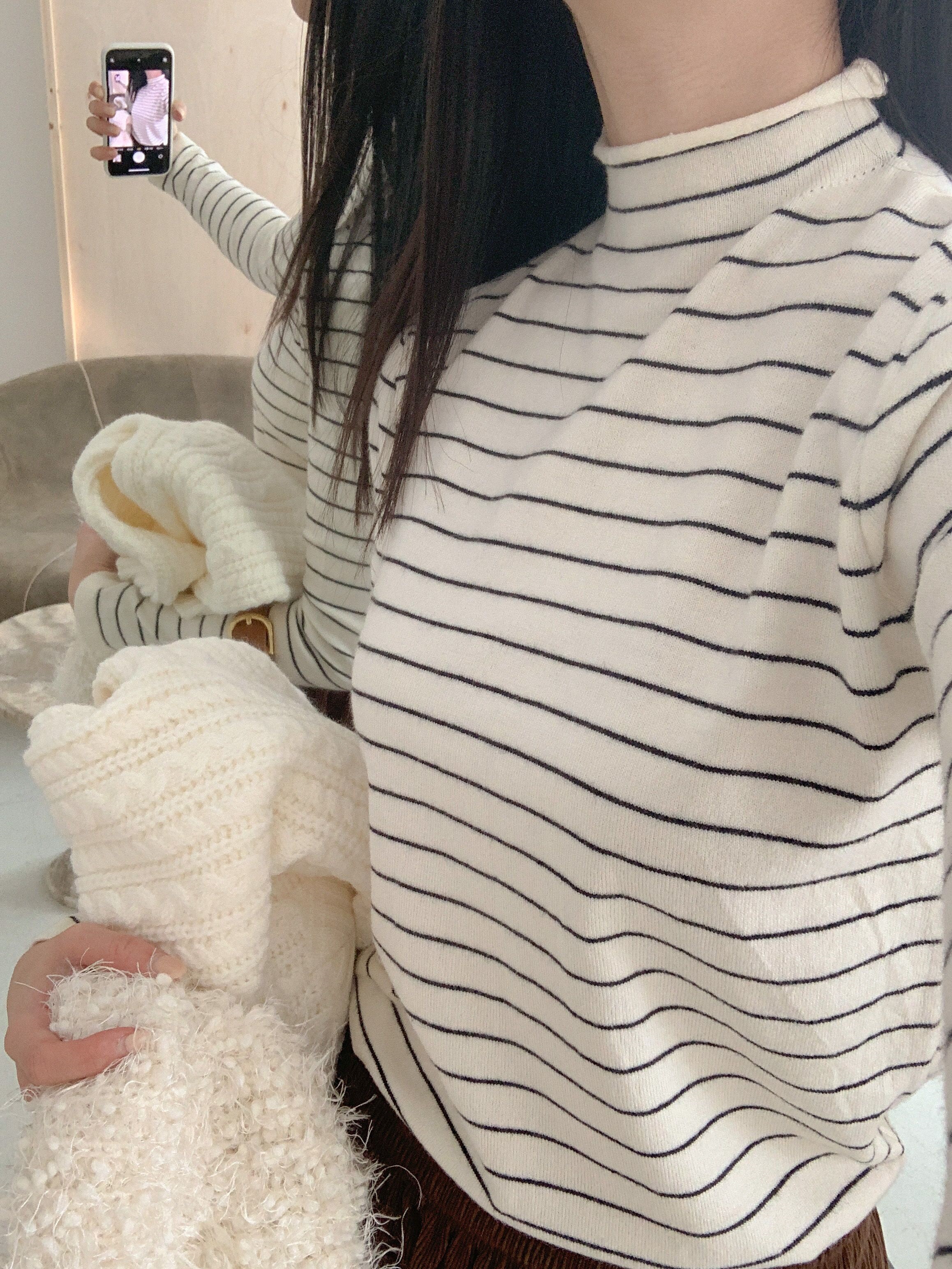 ハーフネックシンプル長袖ボーダーニット | 詳細画像12