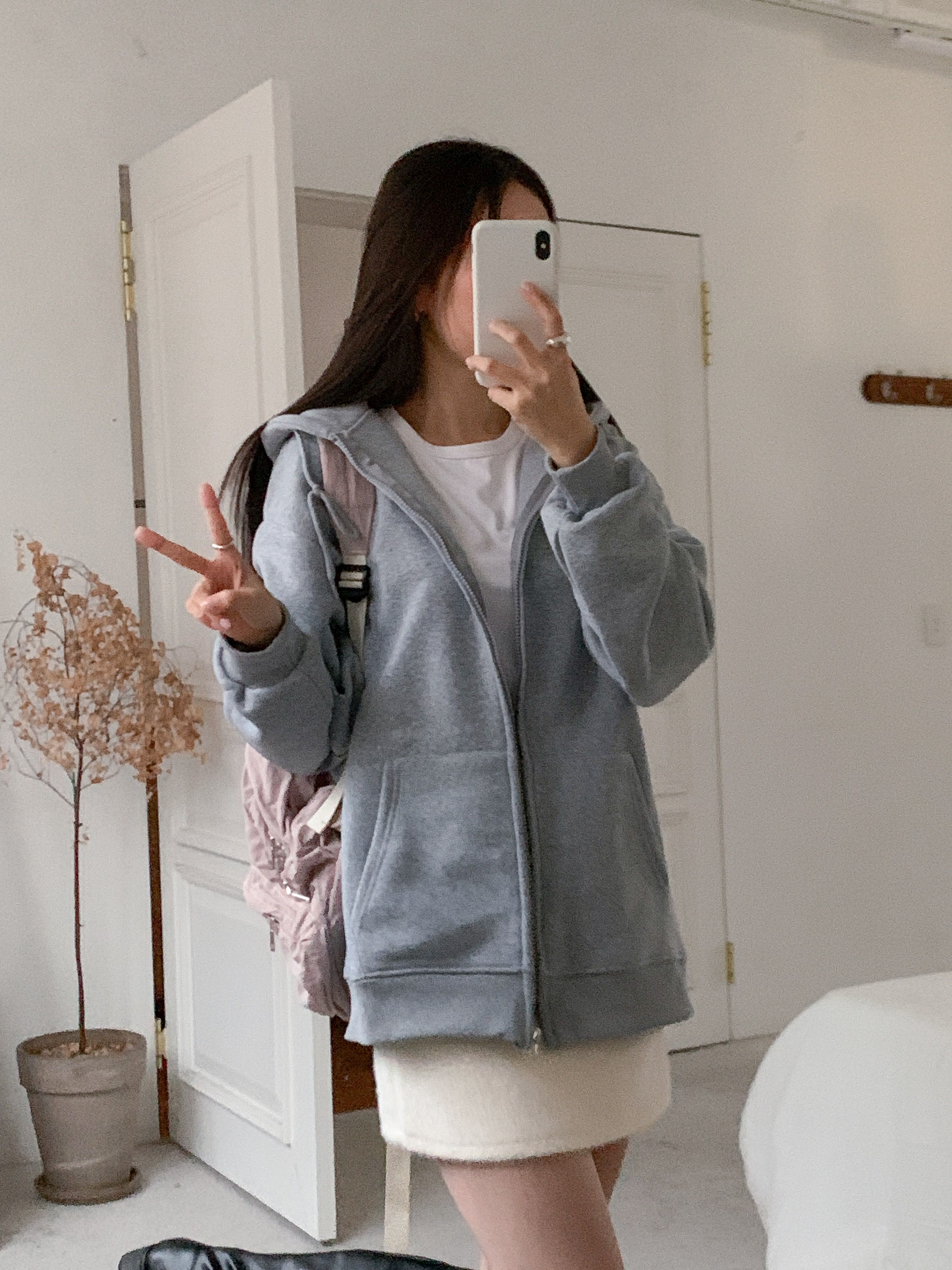 裏起毛ジップアップフードベーシックオーバーサイズカンガルーポケットジップパーカー | 詳細画像2