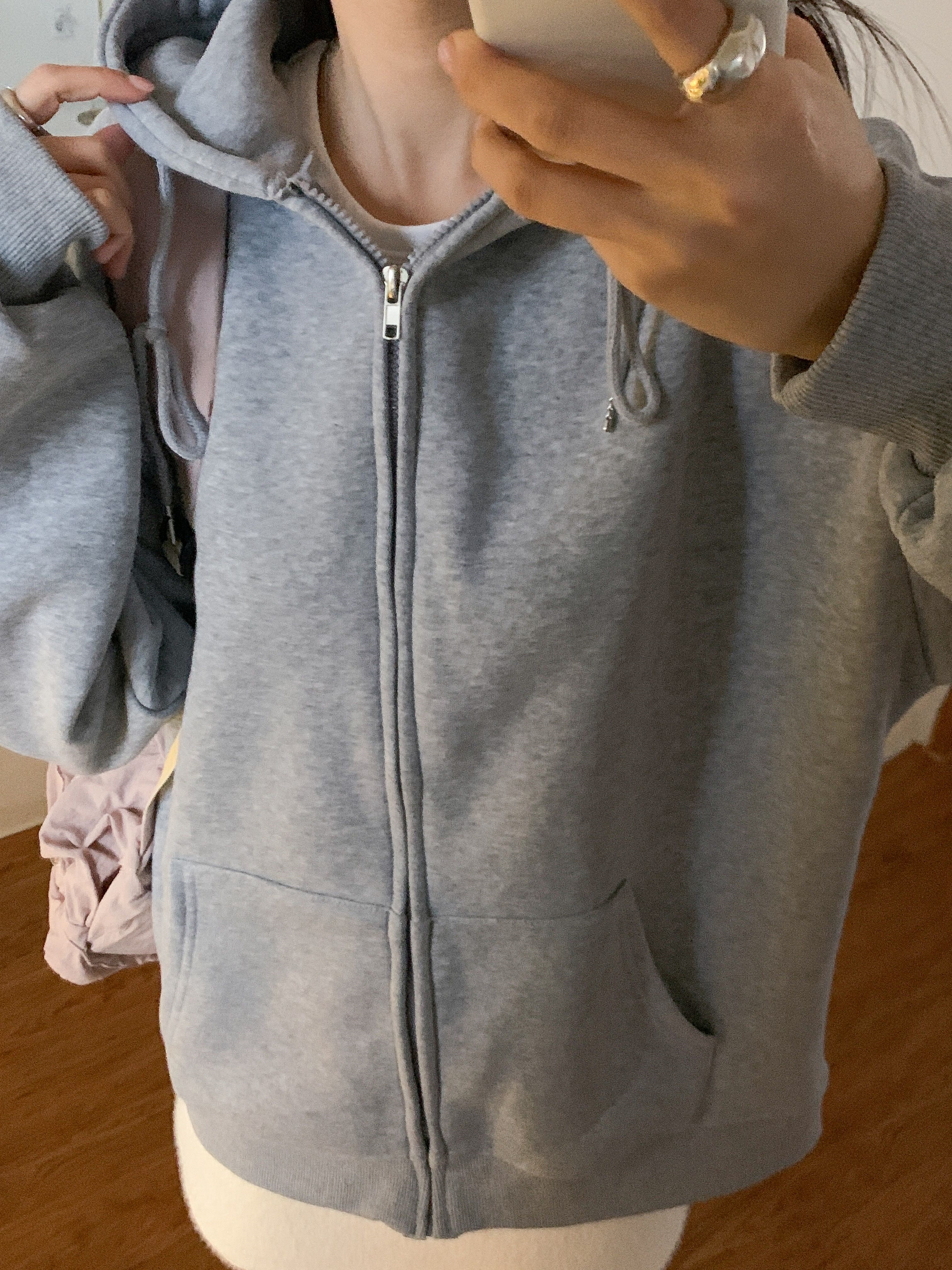 裏起毛ジップアップフードベーシックオーバーサイズカンガルーポケットジップパーカー | 詳細画像3