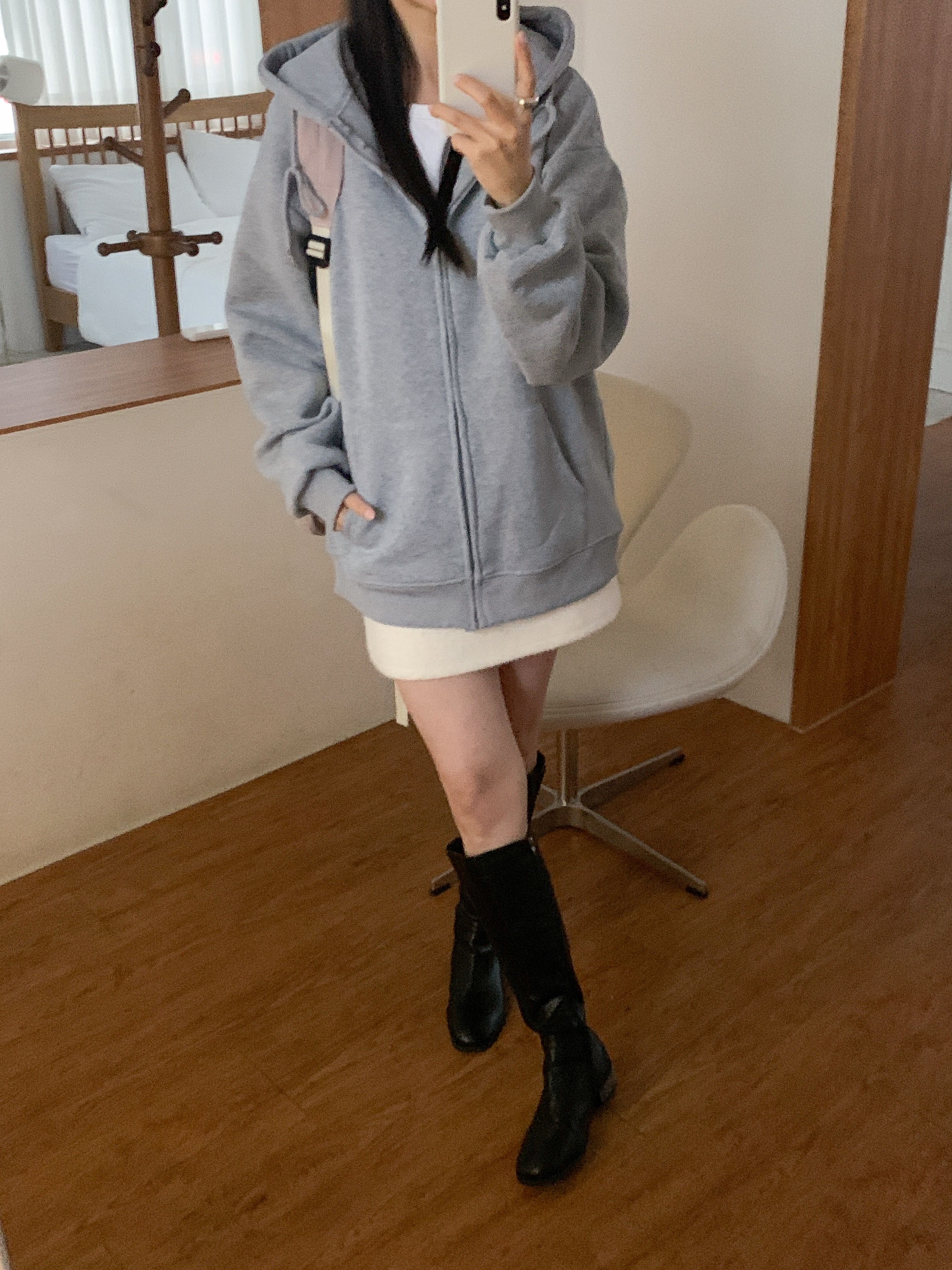 裏起毛ジップアップフードベーシックオーバーサイズカンガルーポケットジップパーカー | 詳細画像4